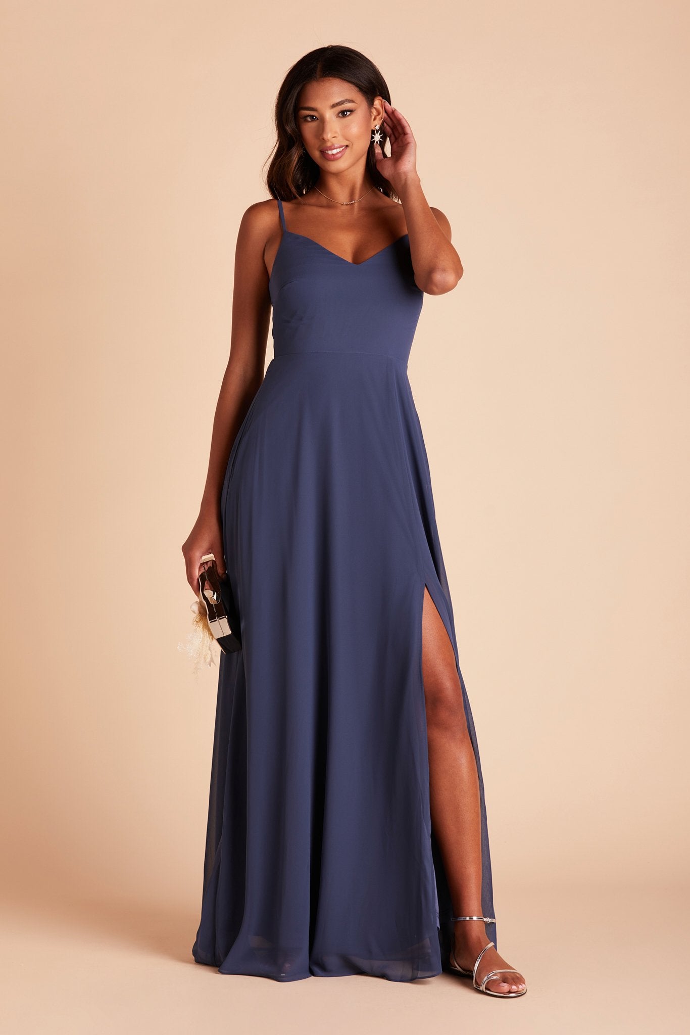 Devin convertible bridesmaids dress with slit in slate blue chiffon by Birdy Grey, front view