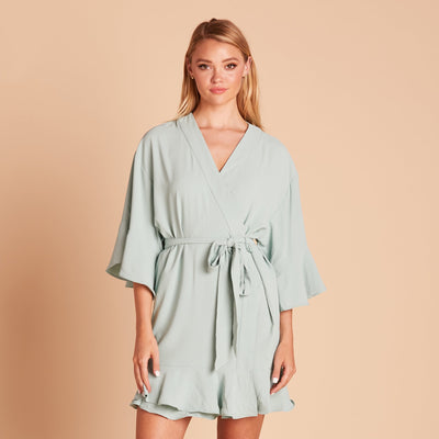 Kenny Ruffle Robe in sage green by Birdy Grey, front view