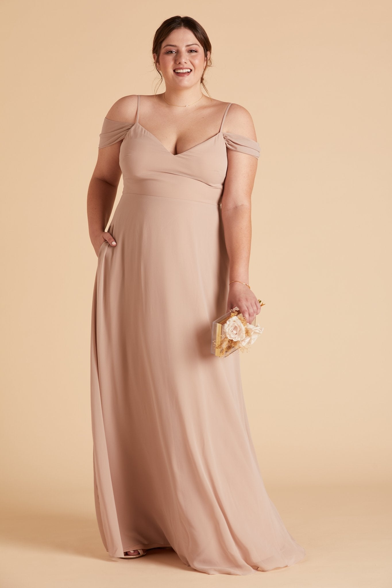 Devin convertible plus size bridesmaids dress in taupe chiffon by Birdy Grey, front view