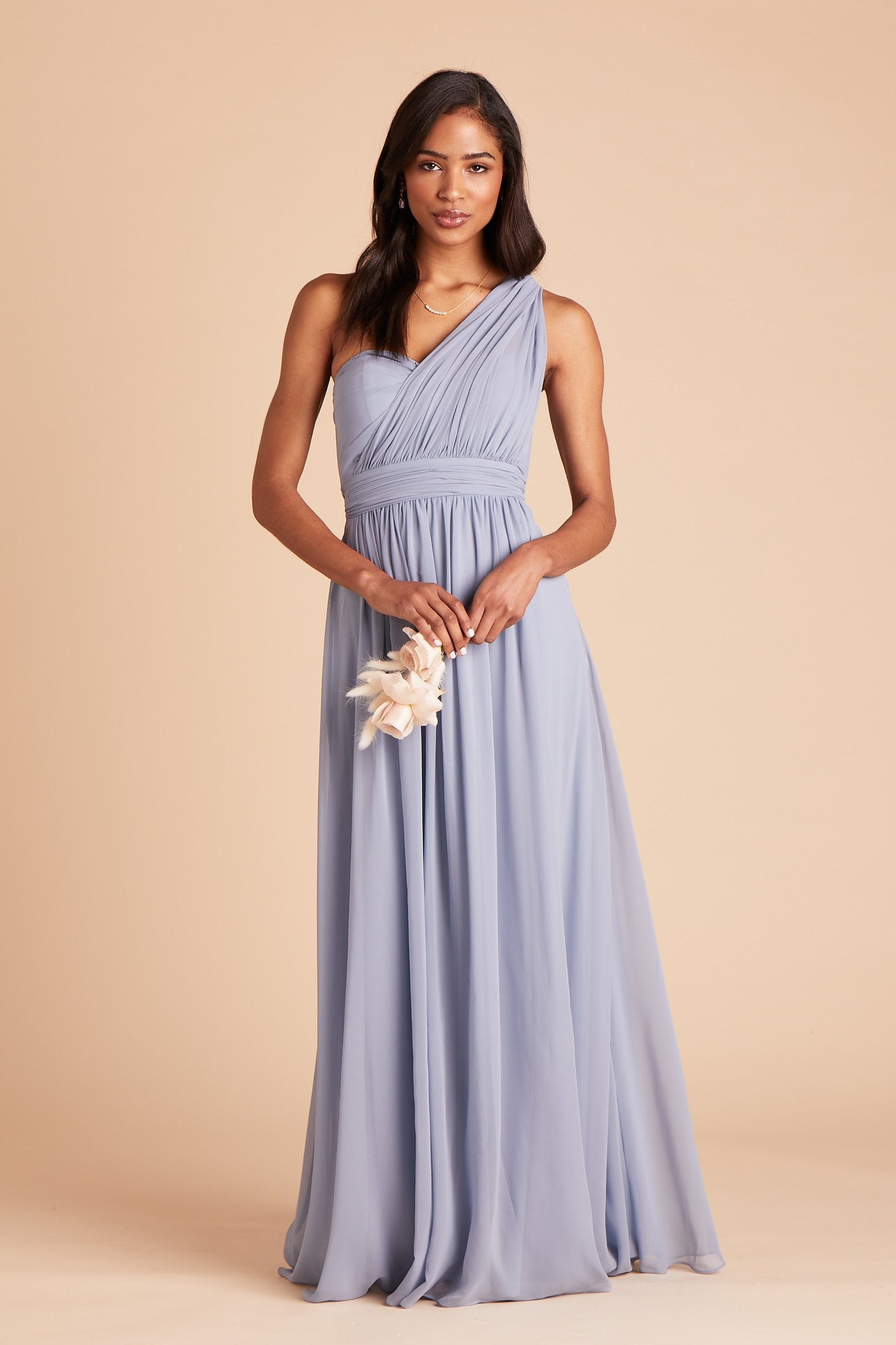 Grace convertible bridesmaid dress in dusty blue chiffon by Birdy Grey, front view