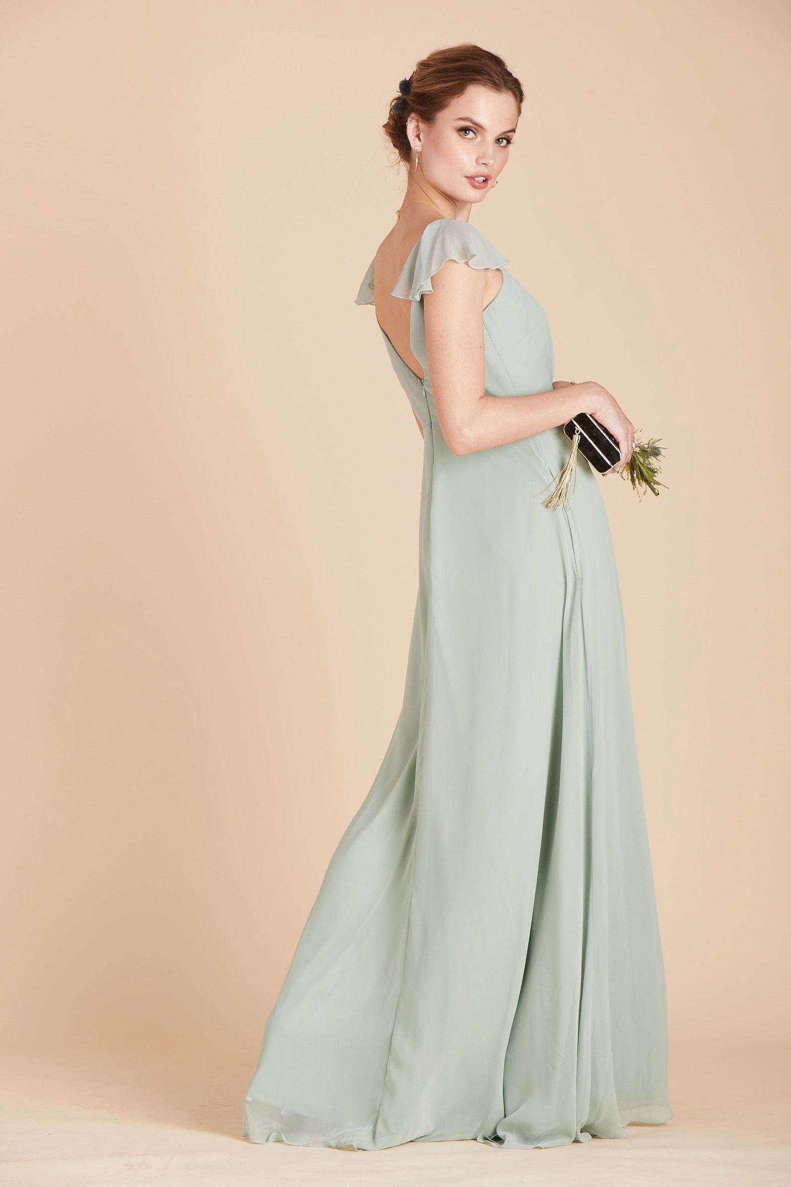 Kae bridesmaid dress in sage green chiffon by Birdy Grey, side view