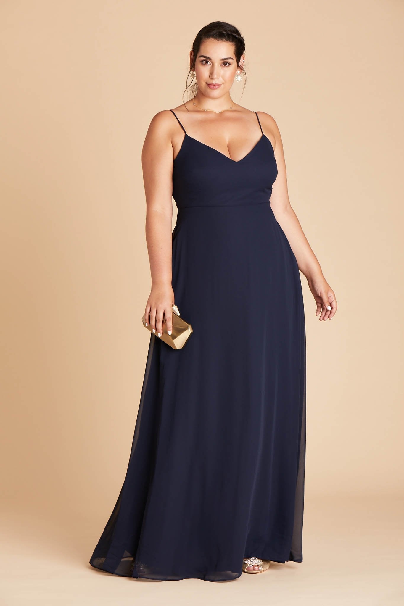 Devin convertible plus size bridesmaids dress in navy blue chiffon by Birdy Grey, front view