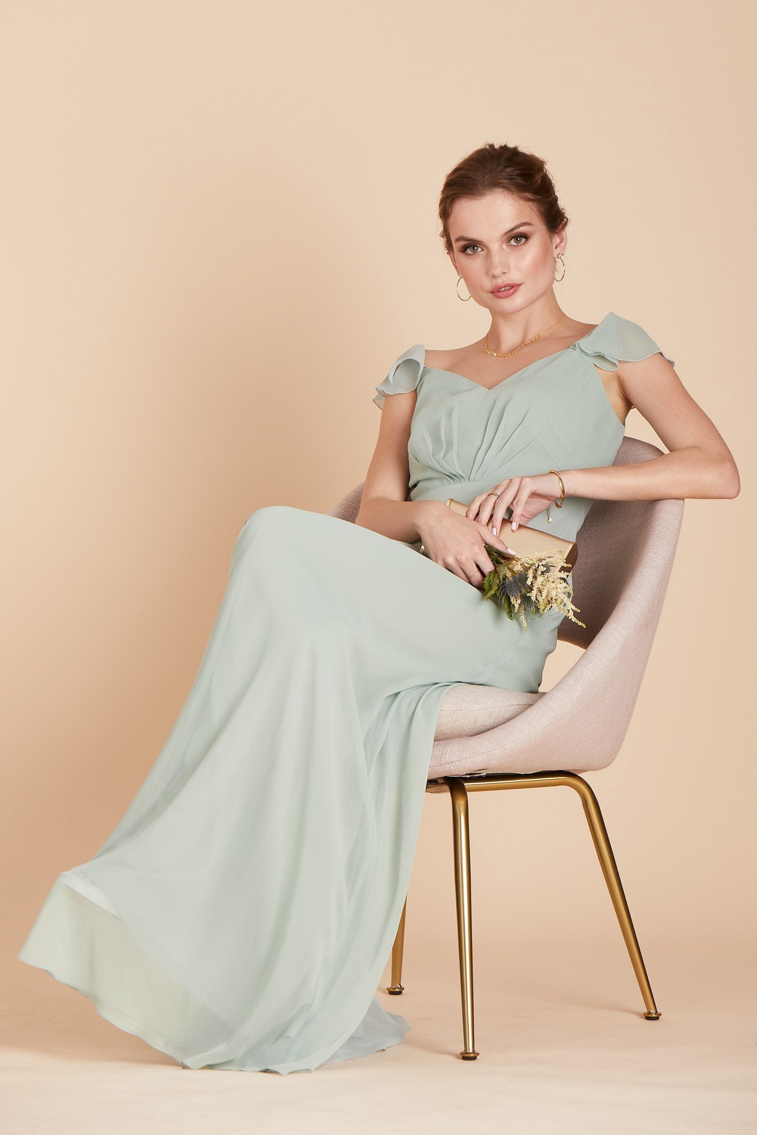 Kae bridesmaid dress in sage green chiffon by Birdy Grey, front view