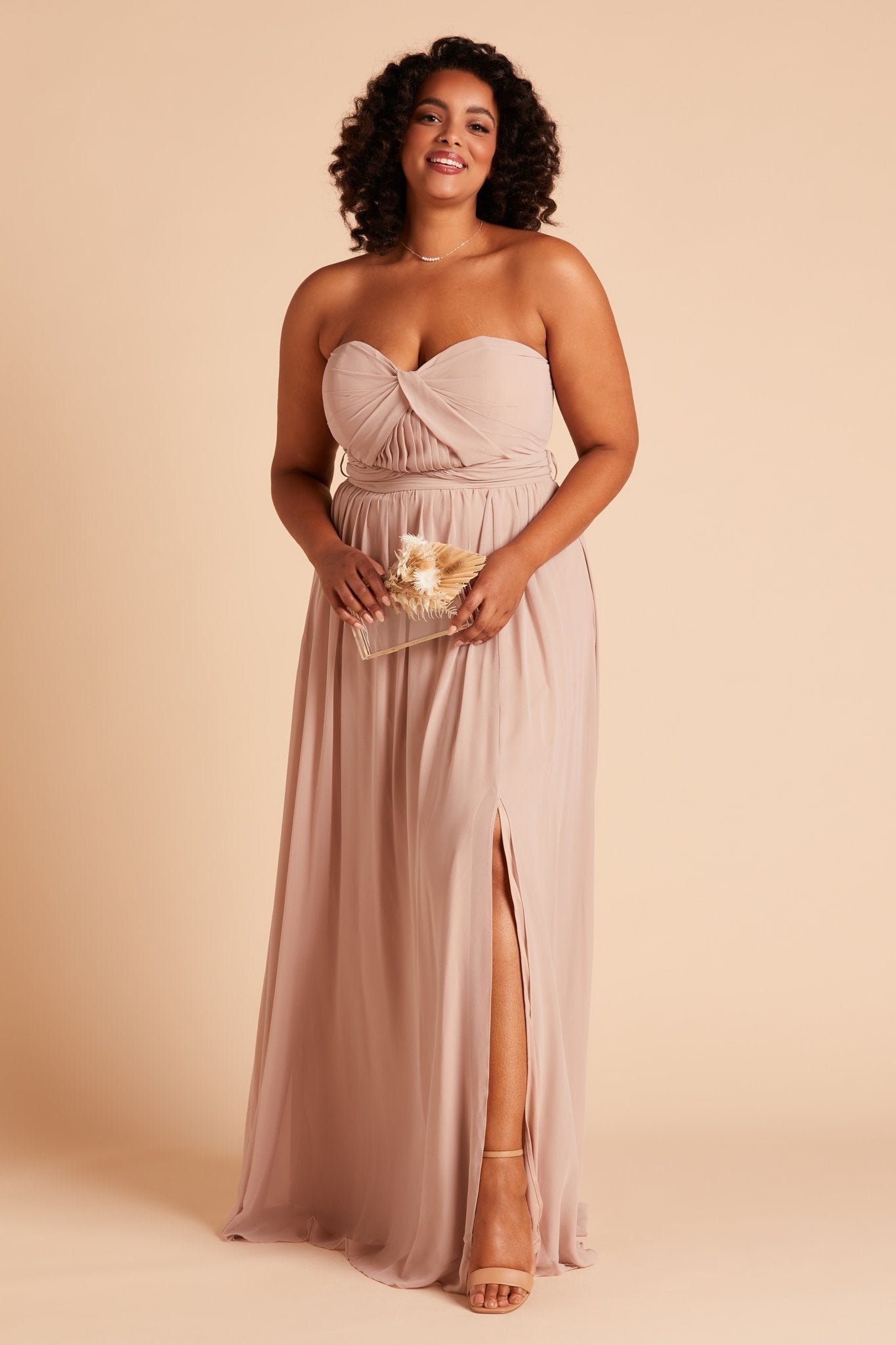 Grace convertible plus size bridesmaid dress with slit in taupe chiffon by Birdy Grey, front view