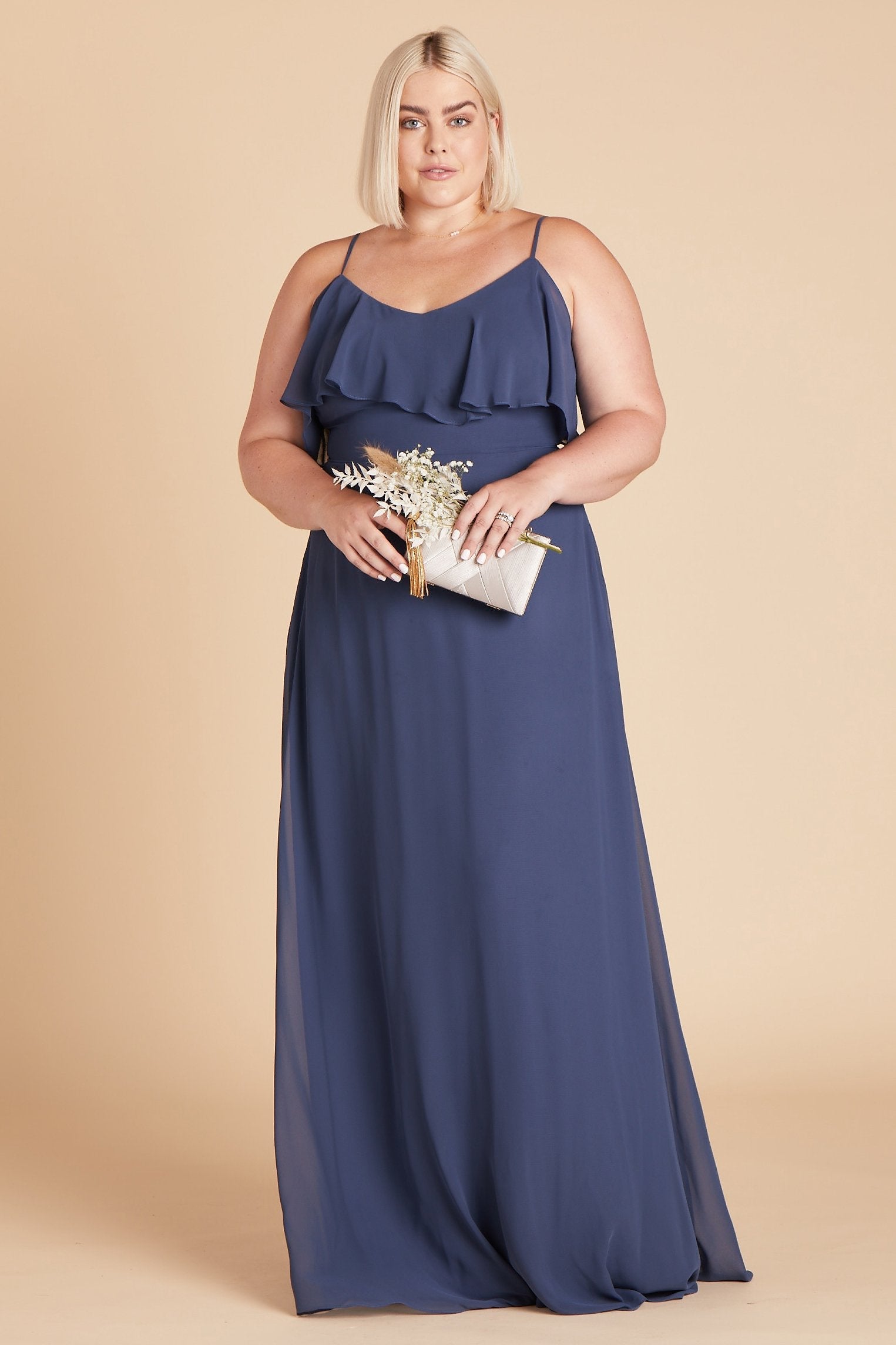 Jane convertible plus size bridesmaid dress in slate blue chiffon by Birdy Grey, front view