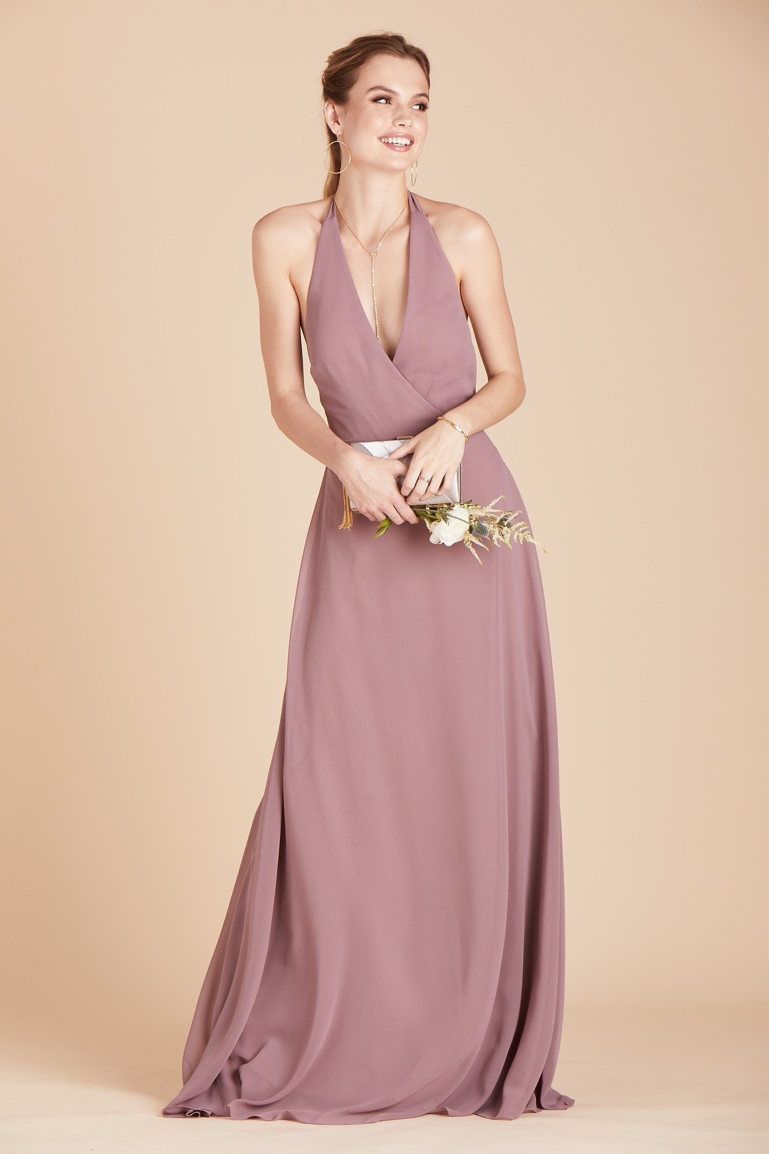 Moni convertible bridesmaids dress in dark mauve purple chiffon by Birdy Grey, front view