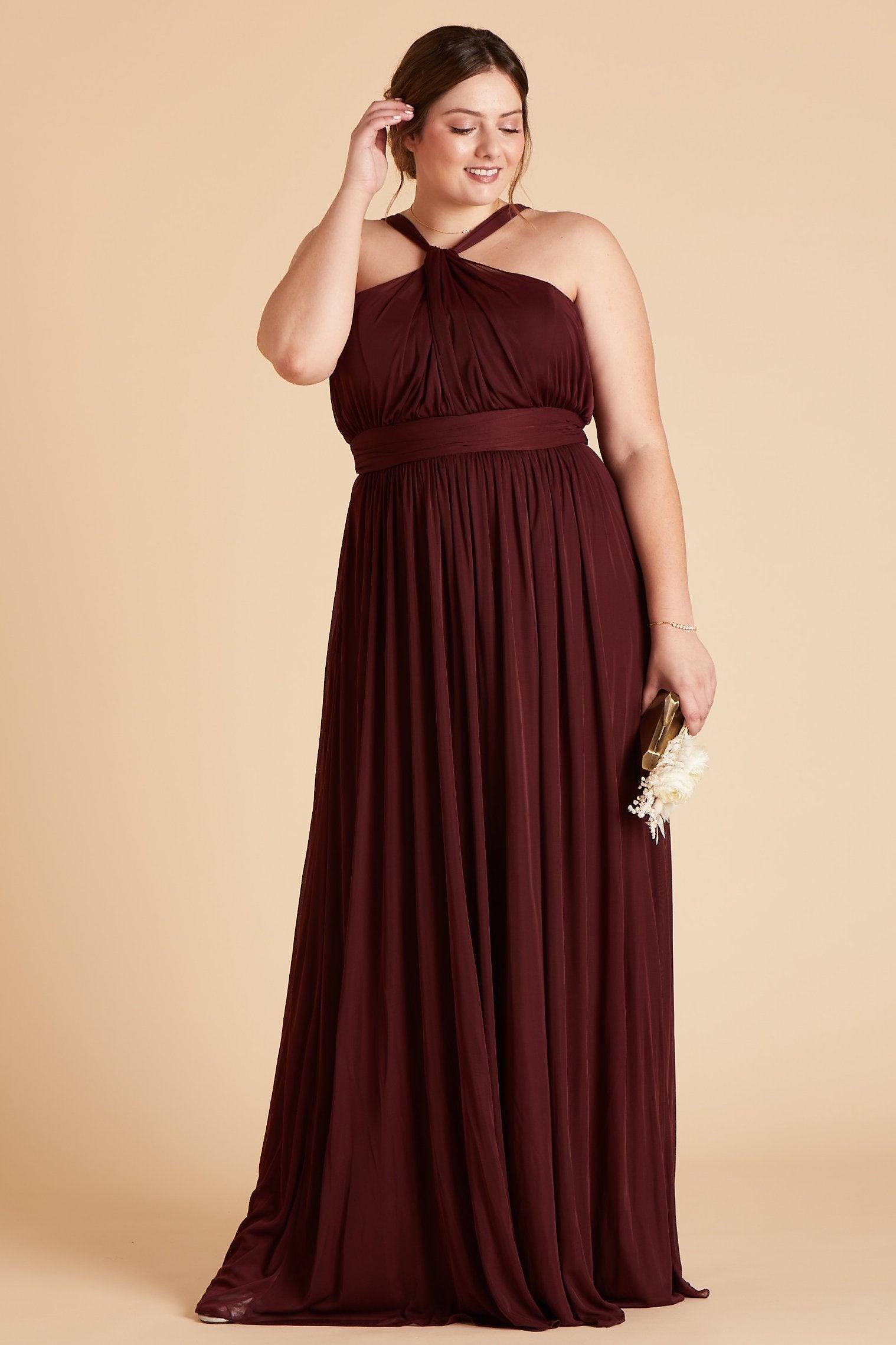 Kiko plus size bridesmaid dress in cabernet burgundy chiffon by Birdy Grey, front view