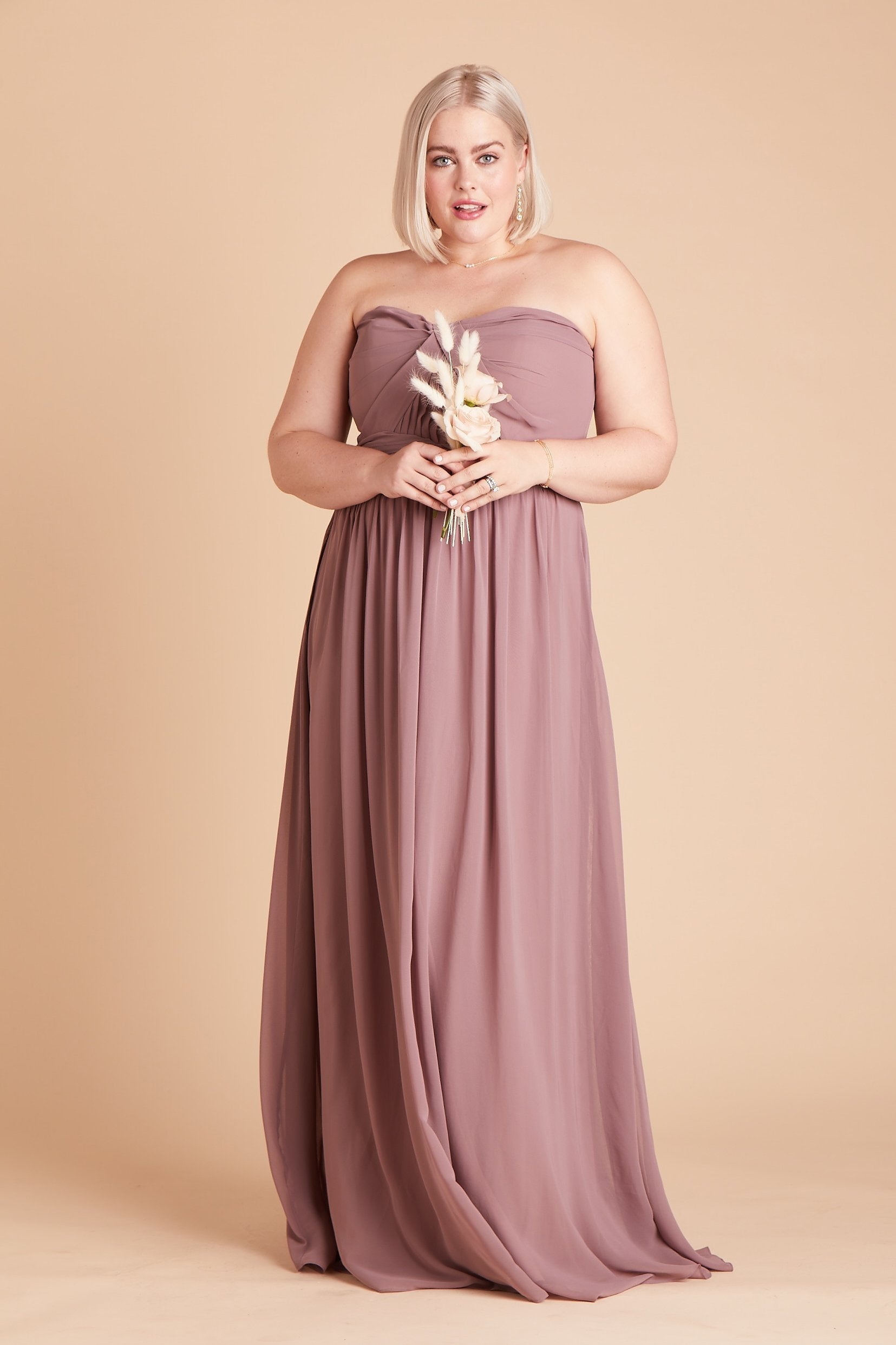 Grace convertible plus size bridesmaid dress in dark mauve chiffon by Birdy Grey, front view