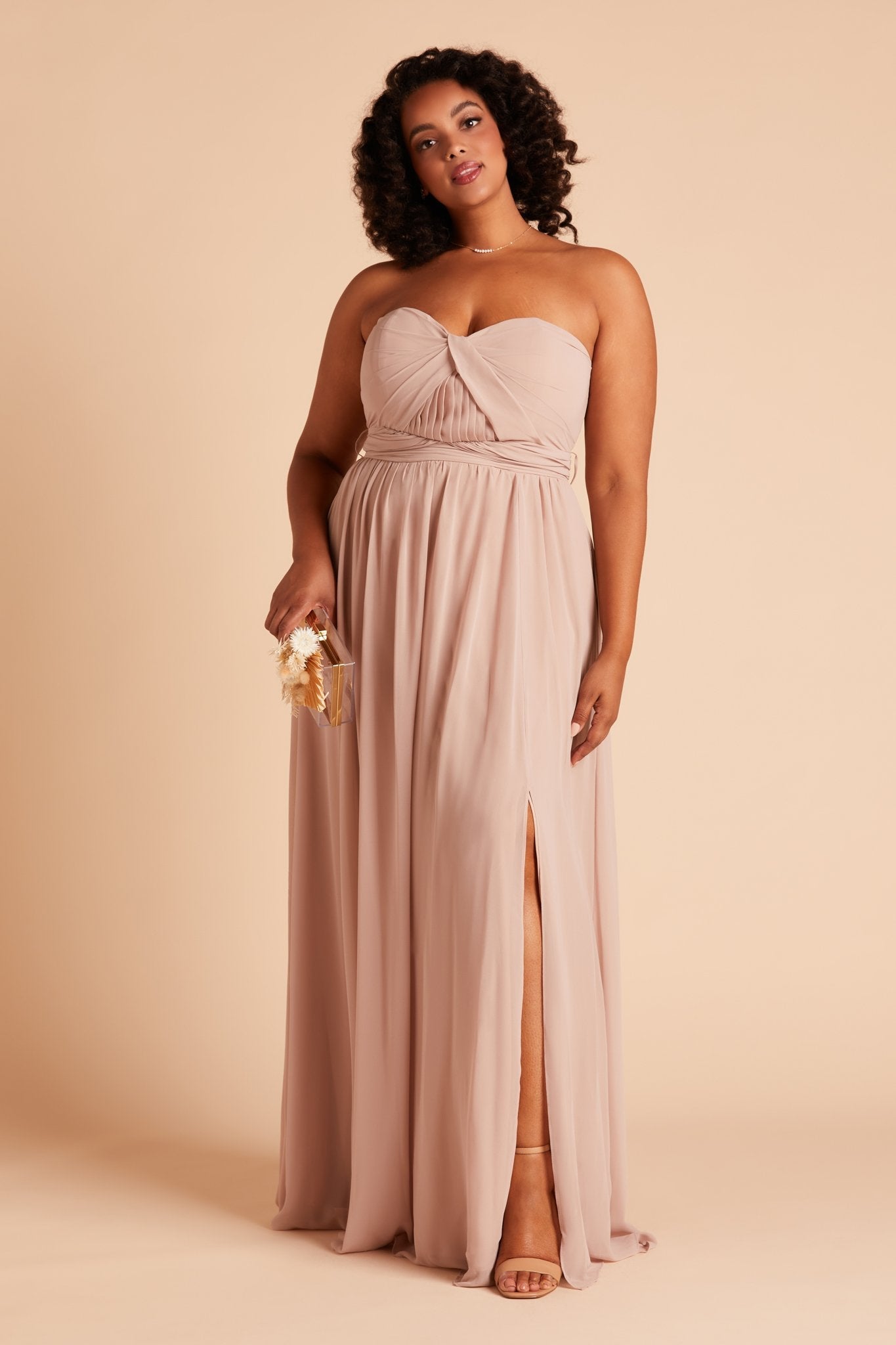 Grace convertible plus size bridesmaid dress with slit in taupe chiffon by Birdy Grey, front view