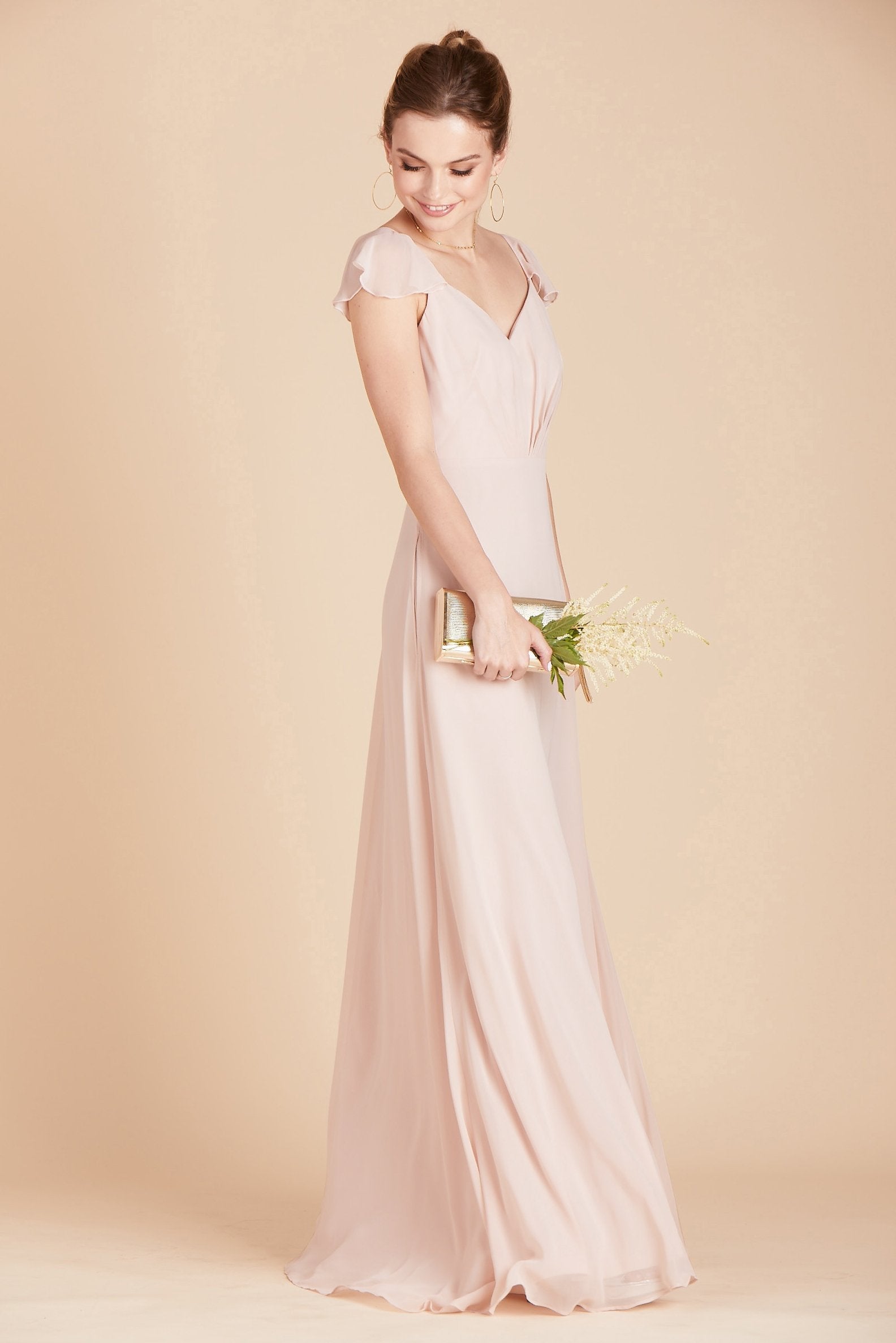 Kae bridesmaids dress in pale blush pink chiffon by Birdy Grey, side view