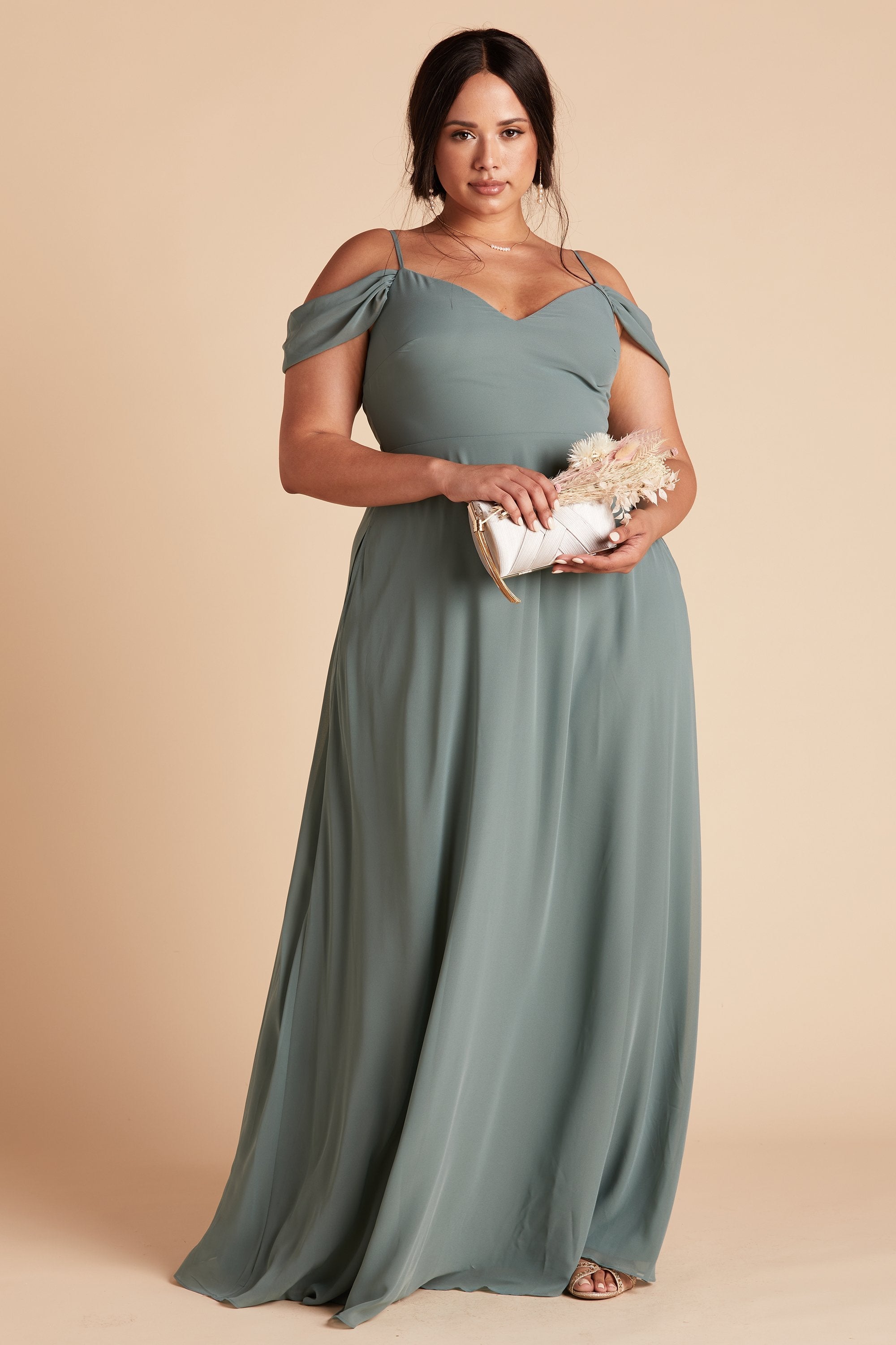 Devin convertible plus size bridesmaids dress in sea glass green chiffon by Birdy Grey, front view