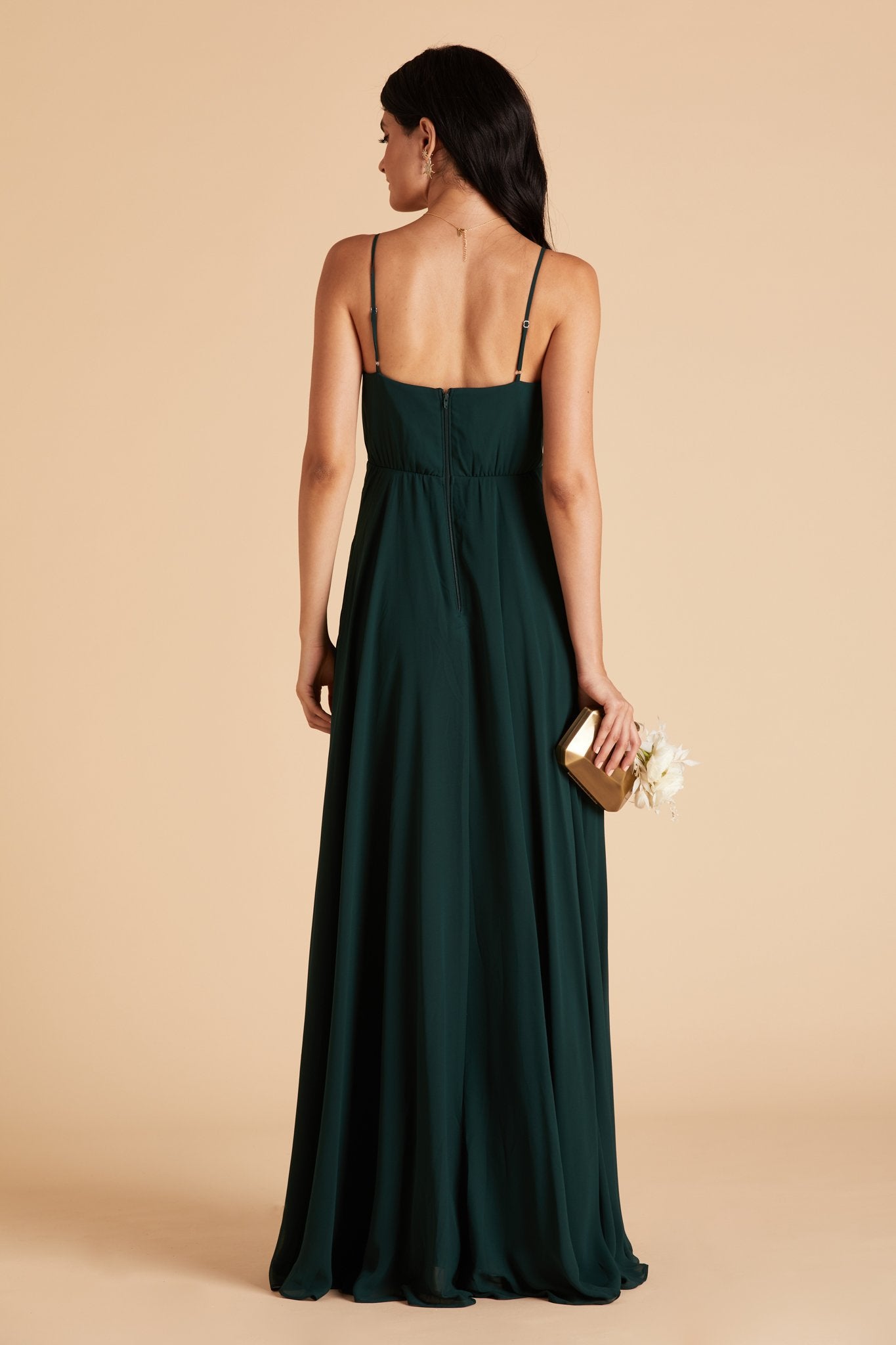 Kaia bridesmaids dress in emerald green chiffon by Birdy Grey, back view