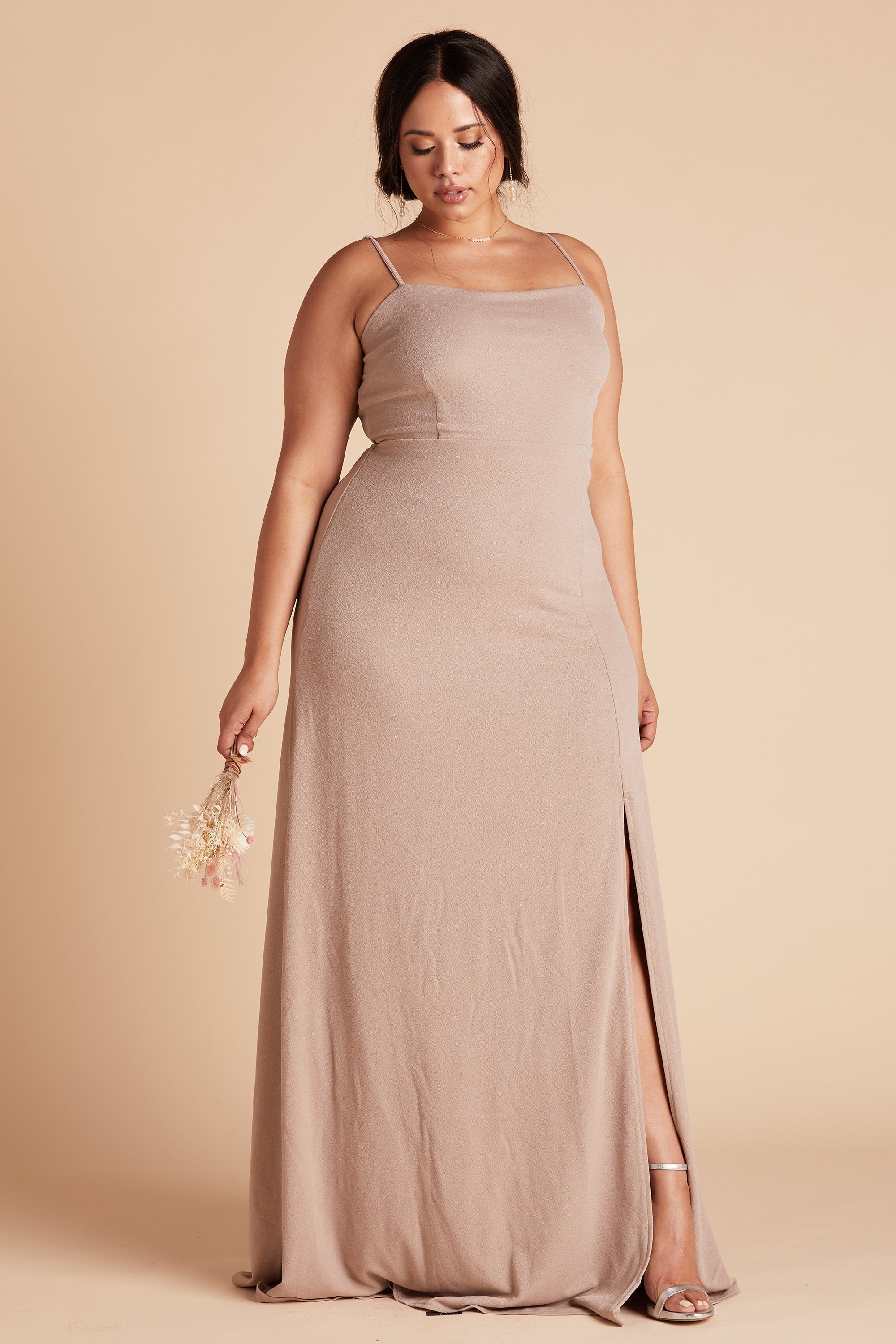 Benny plus size bridesmaid dress with slit in taupe crepe by Birdy Grey, front view