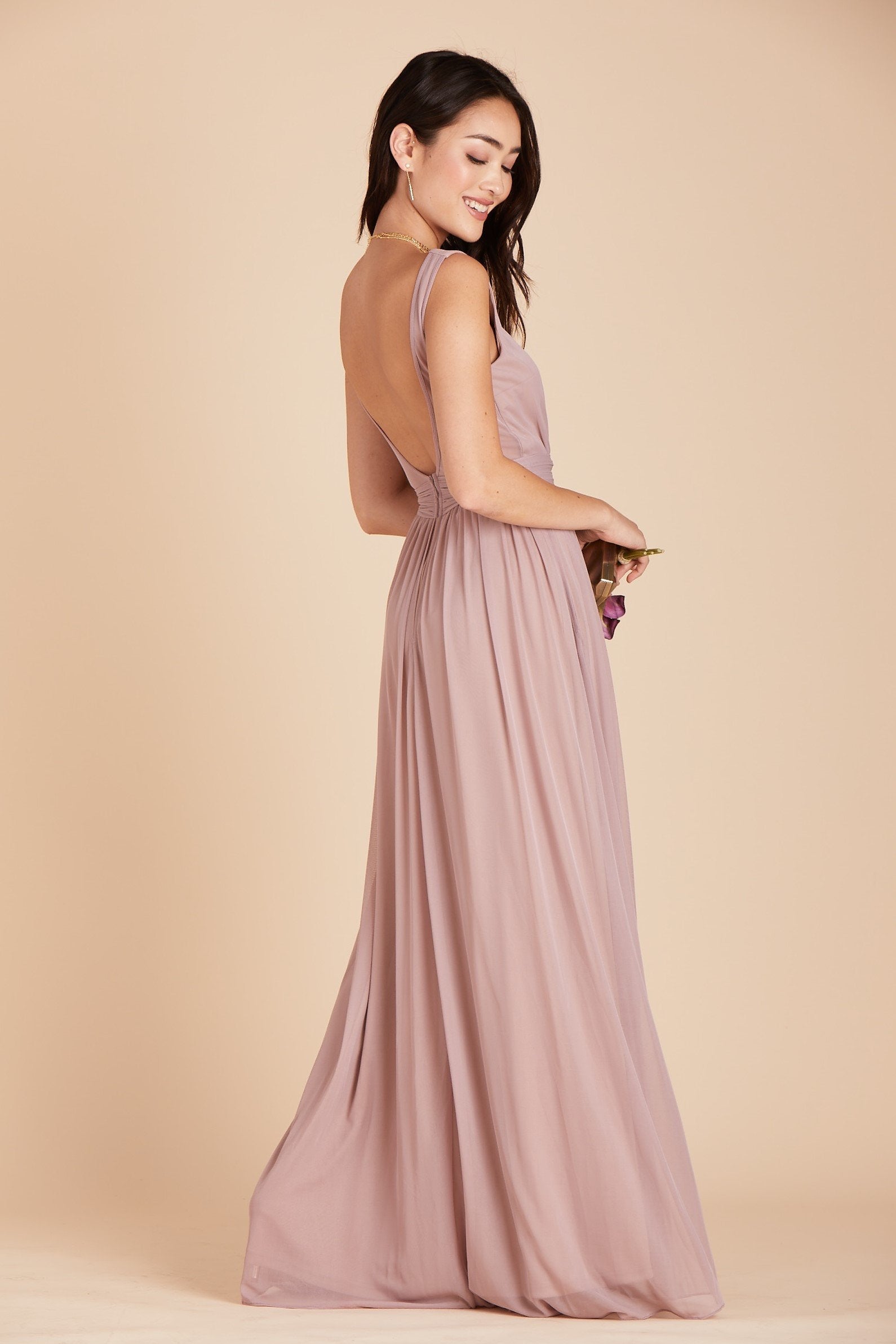 Jay bridesmaids dress in mauve chiffon by Birdy Grey, side view