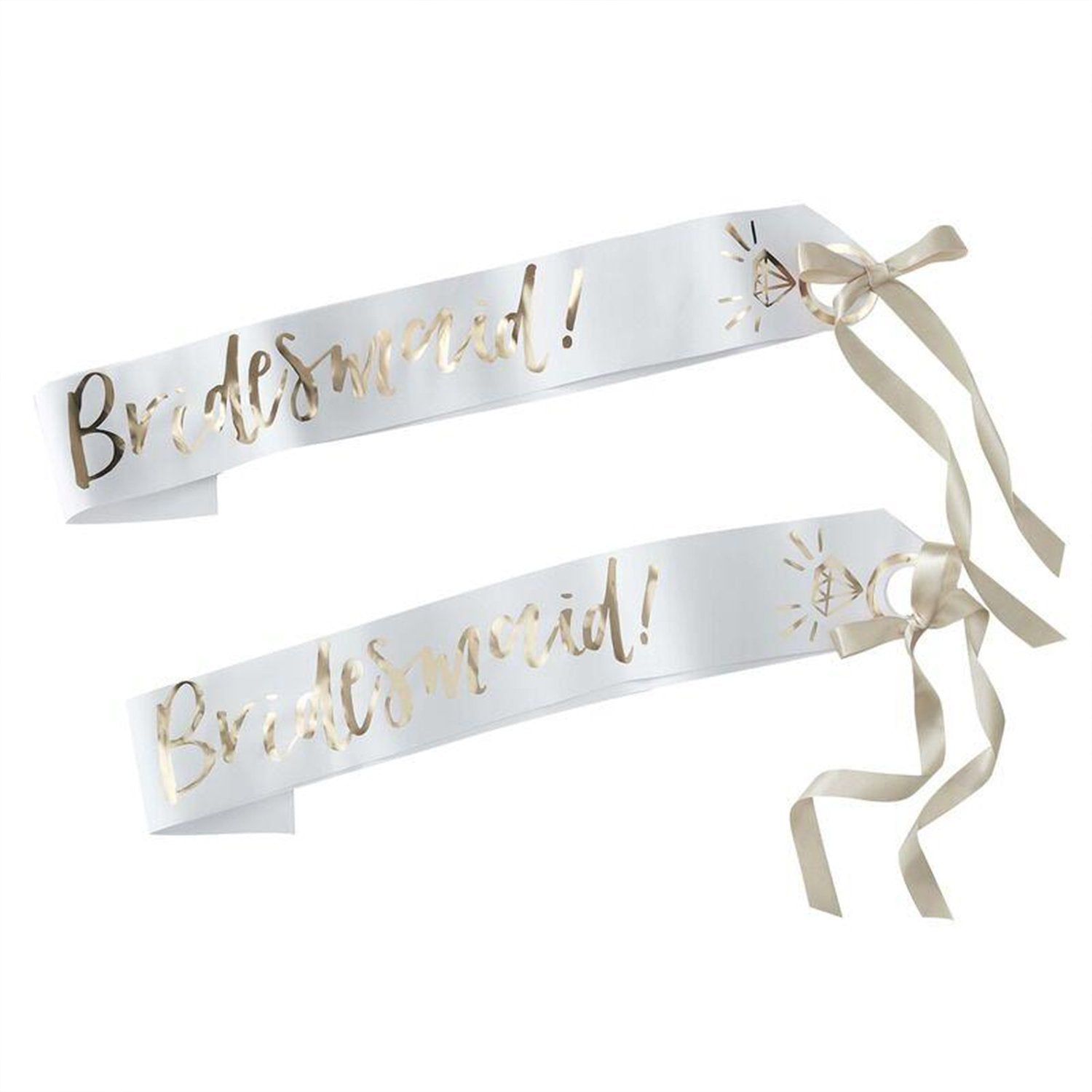 Bridesmaid Sash in white and gold by Birdy Grey, front view