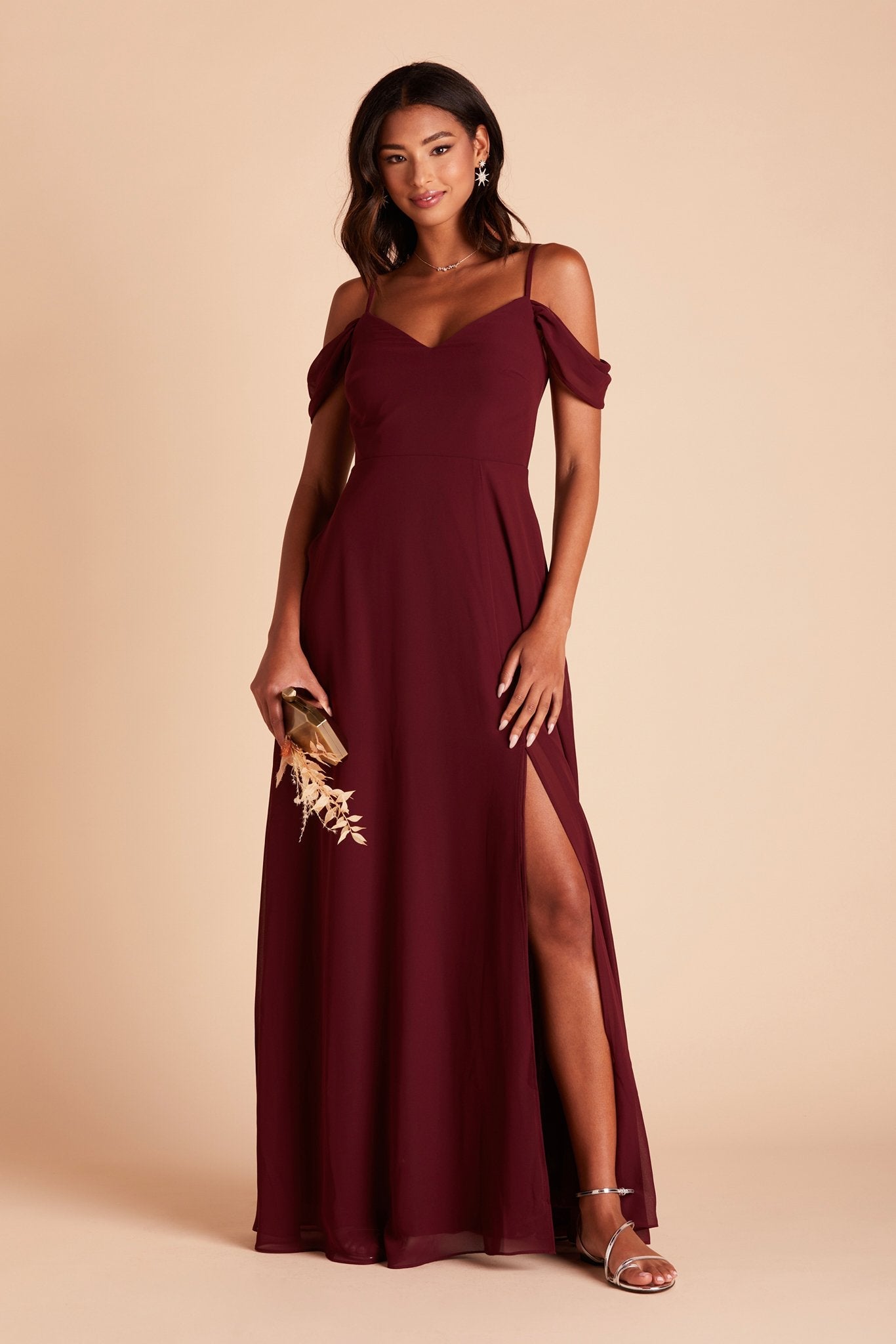 Devin convertible bridesmaid dress with slit in cabernet burgundy chiffon by Birdy Grey, front view