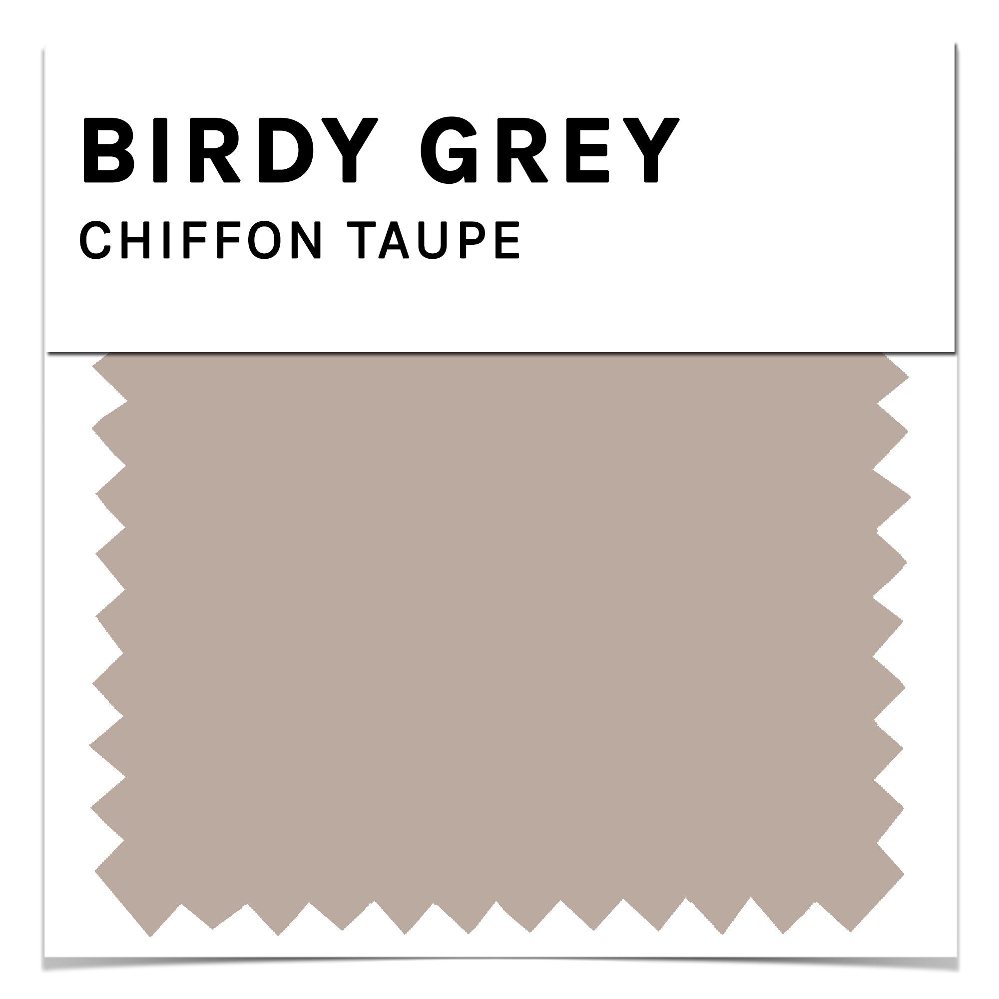 Front closeup view of the Birdy Grey color swatch card for chiffon fabric in taupe. The taupe color is a medium muted brown color.