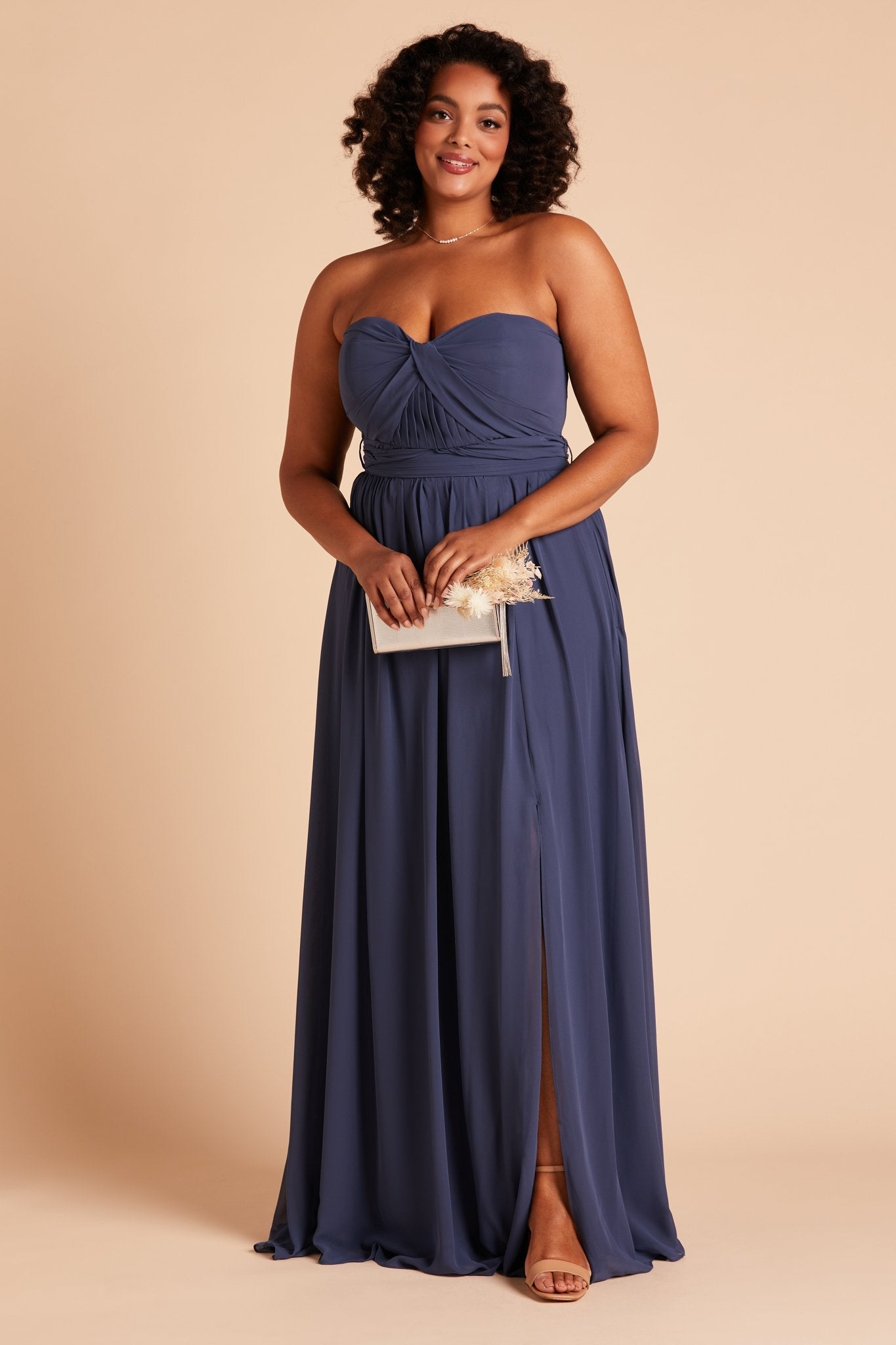 Grace convertible plus size bridesmaid dress with slit in slate blue chiffon by Birdy Grey, front view