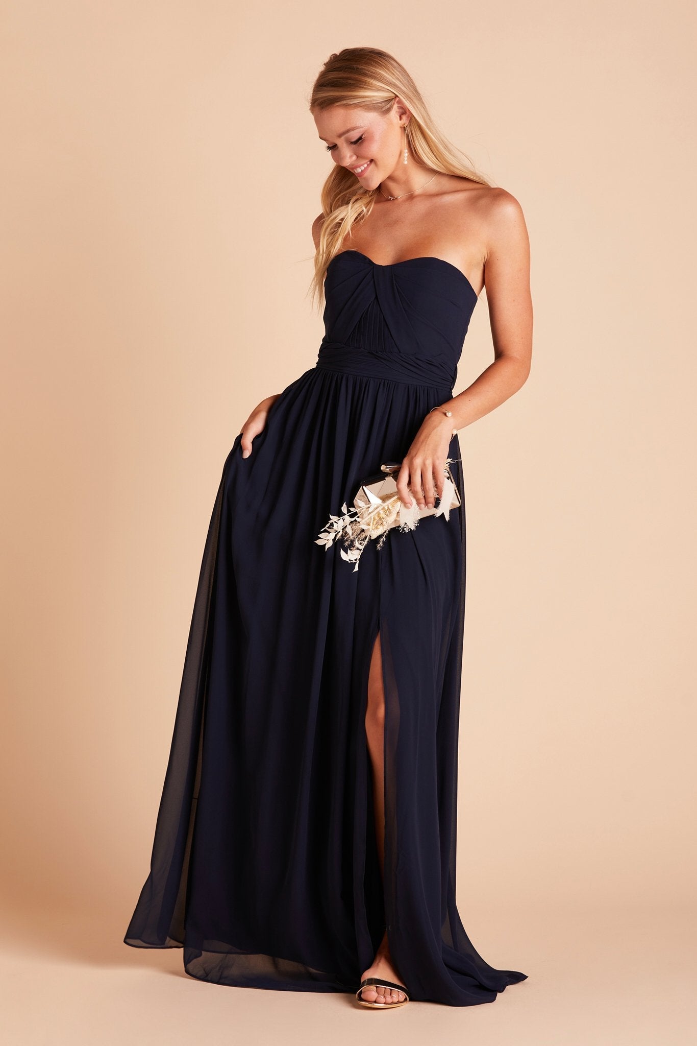 Grace convertible bridesmaid dress in navy blue chiffon with slit by Birdy Grey, front view