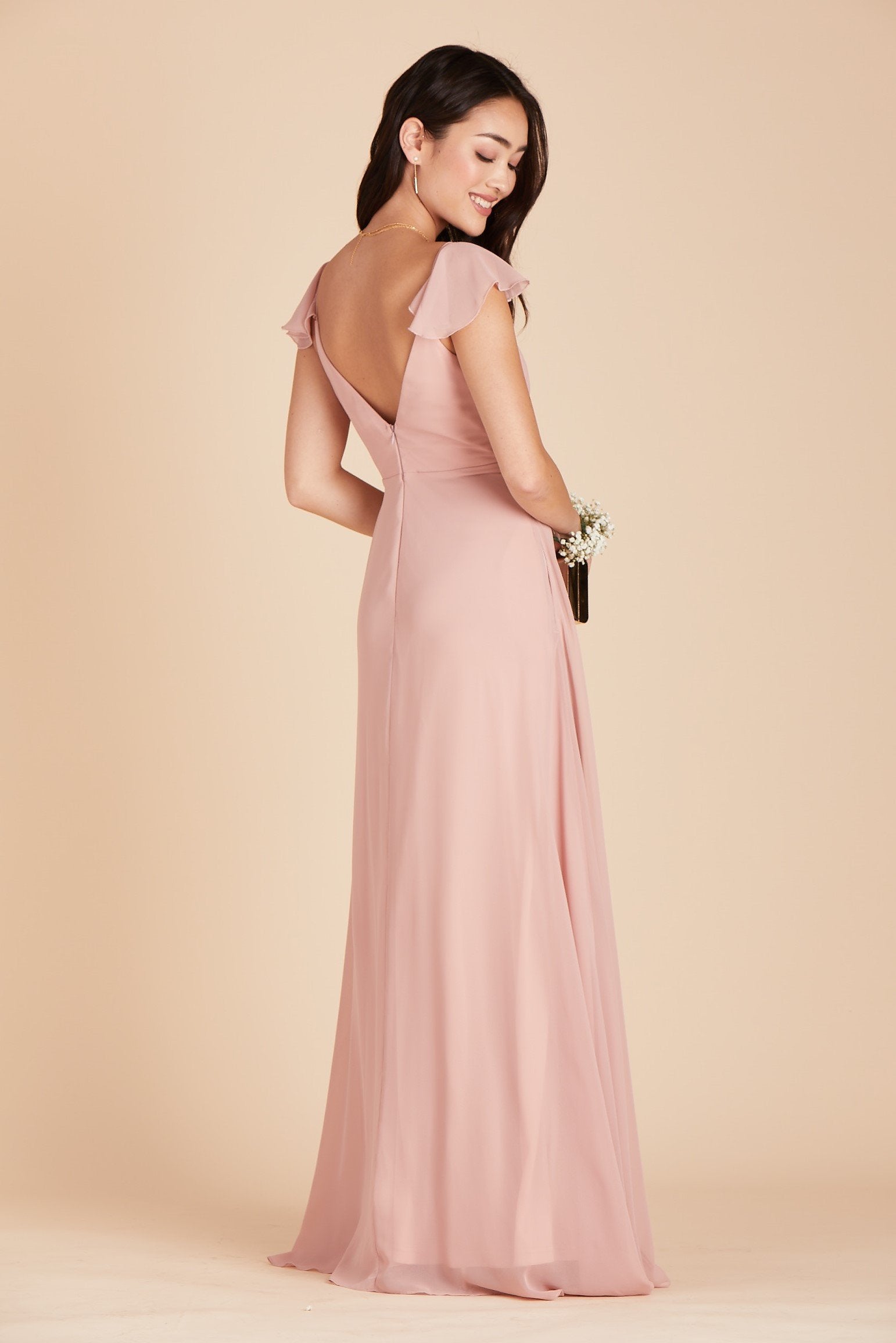 Kae bridesmaids dress in dusty rose pink chiffon by Birdy Grey, side view 