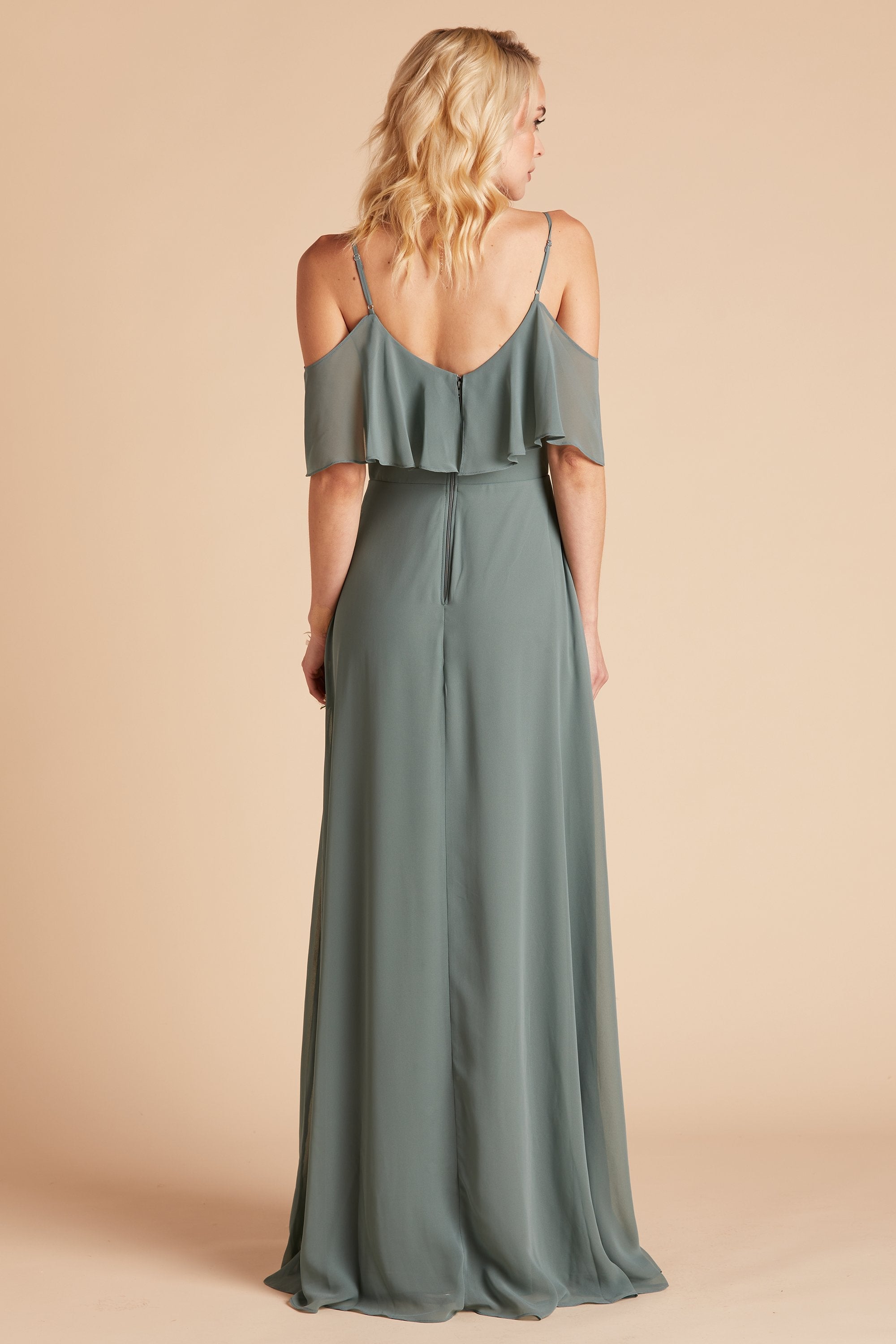 Jane convertible bridesmaid dress in sea glass green chiffon by Birdy Grey, back view