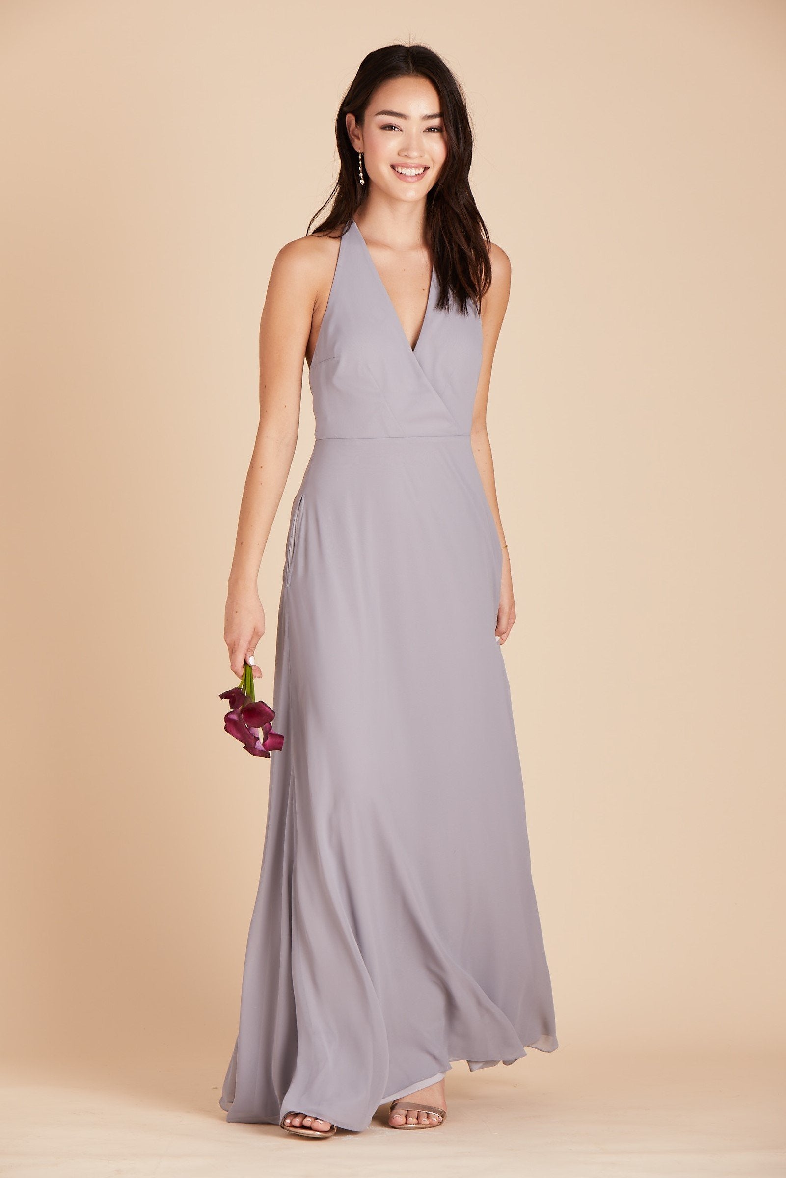 Moni convertible bridesmaids dress in silver chiffon by Birdy Grey, front view