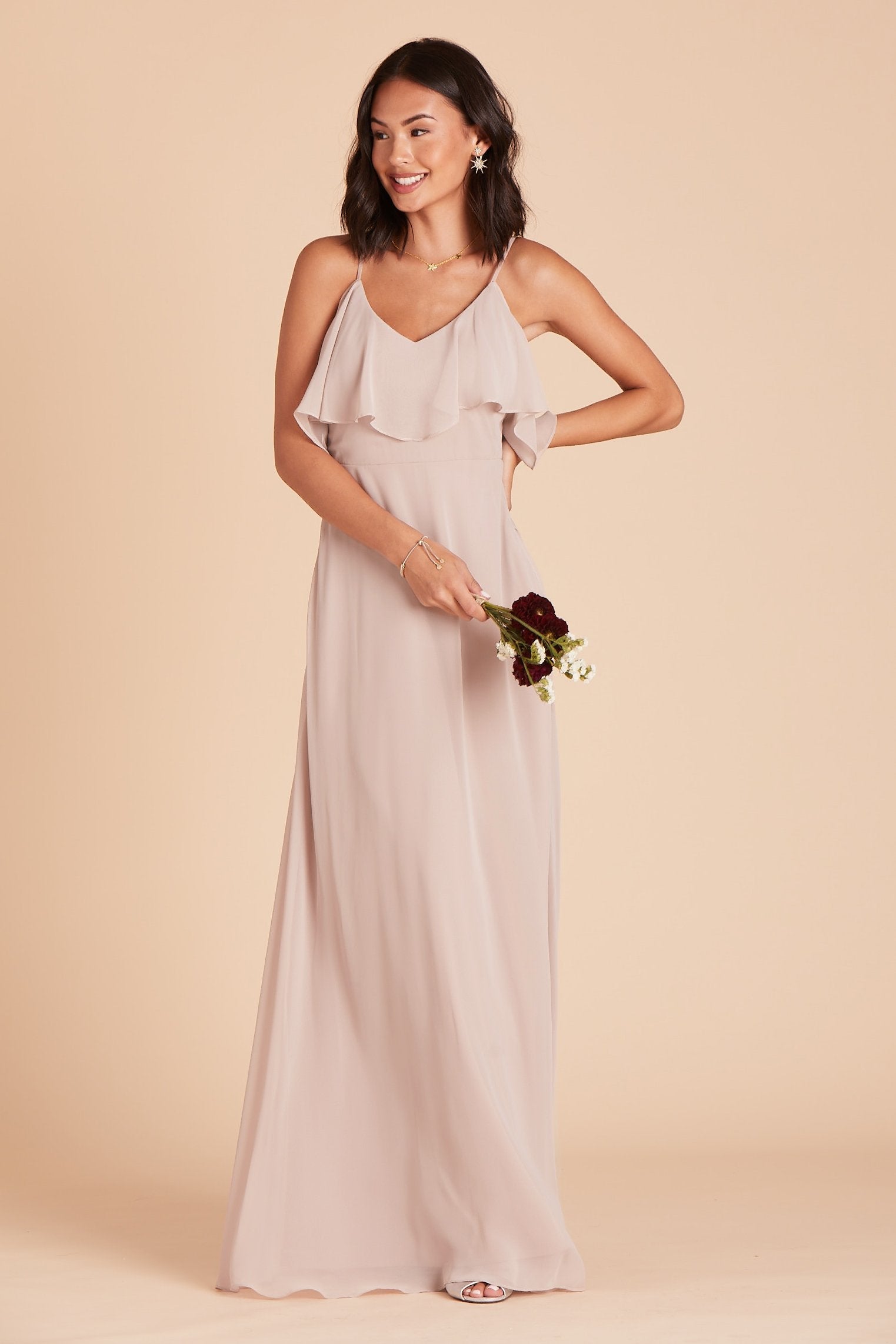 Jane convertible bridesmaid dress in taupe chiffon by Birdy Grey, front view