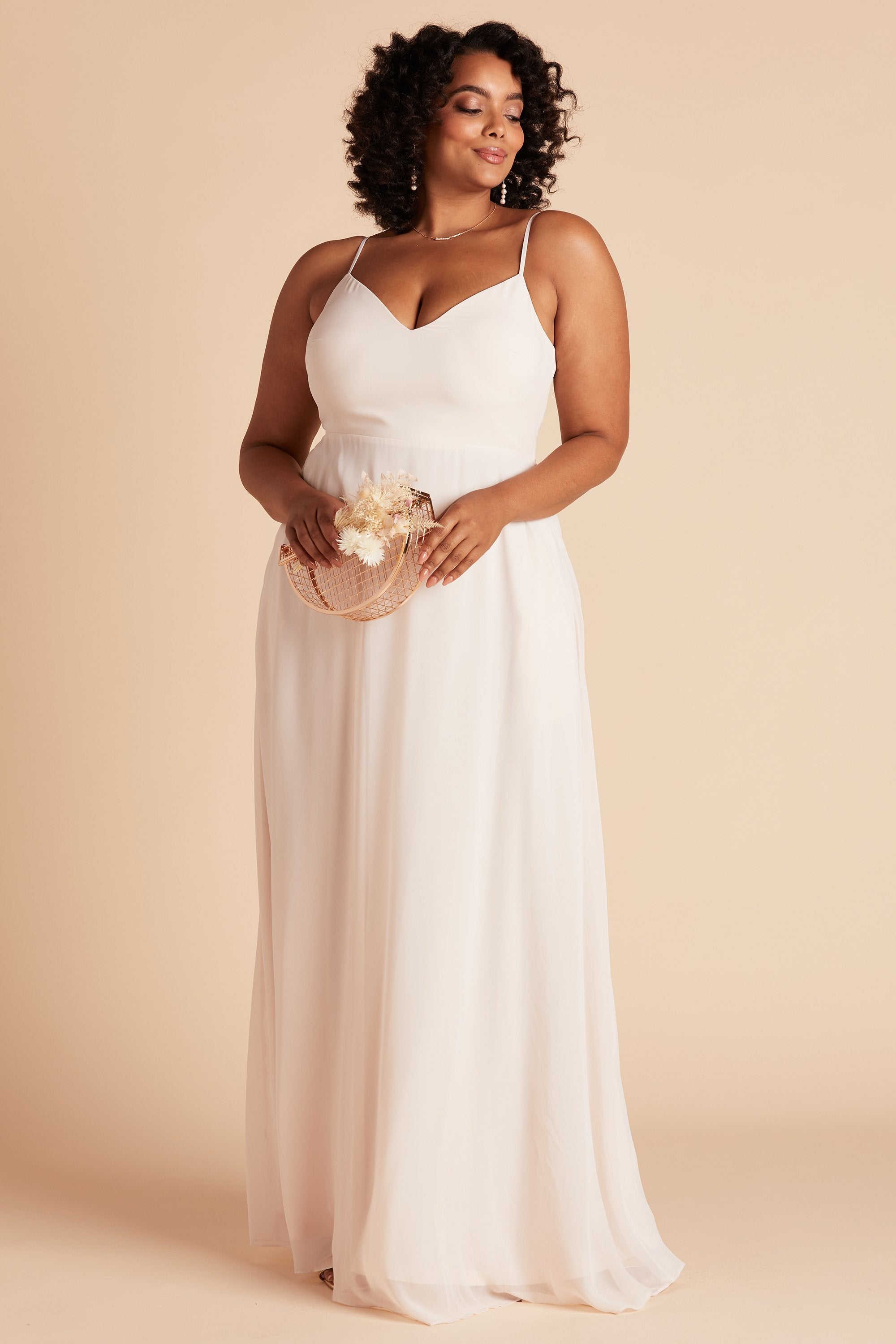 Devin convertible plus size bridesmaids dress in champagne chiffon by Birdy Grey, front view