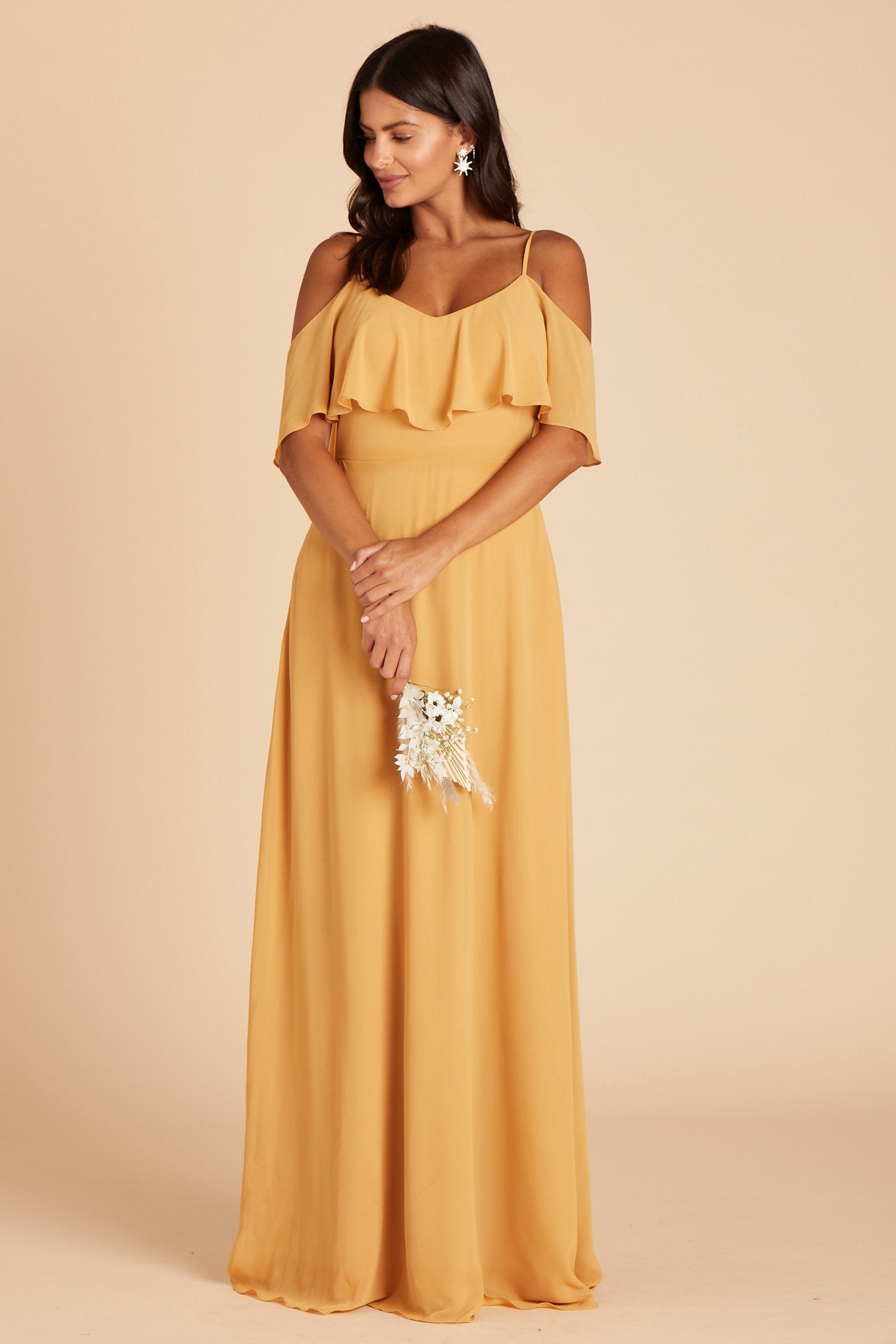 Jane convertible bridesmaid dress in marigold chiffon by Birdy Grey, front view