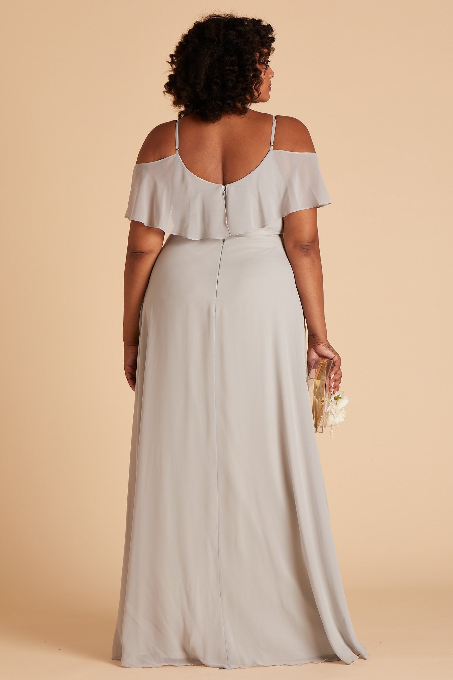 Jane convertible plus size bridesmaid dress in dove gray chiffon by Birdy Grey, back view