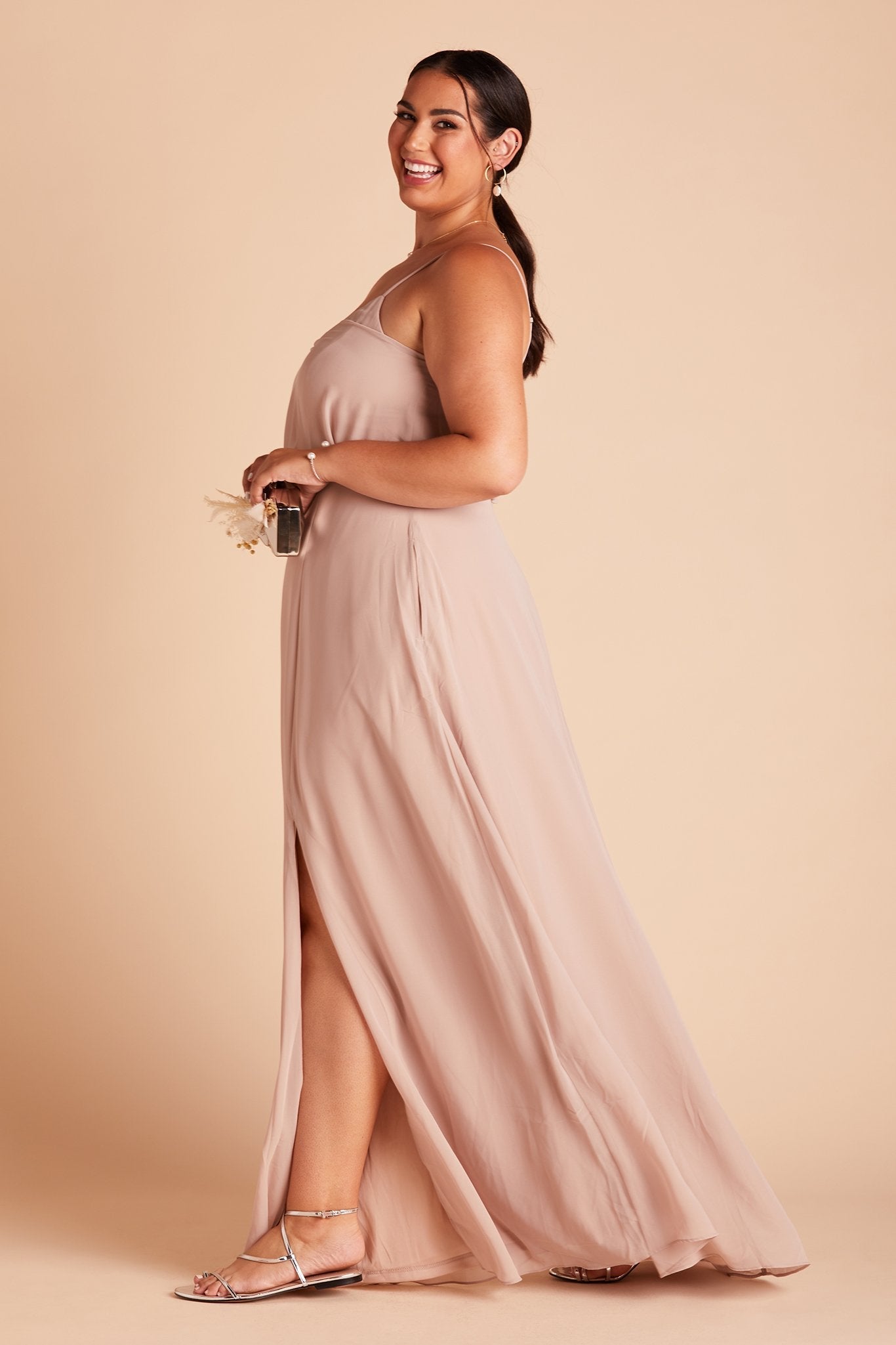 Gwennie bridesmaid dress with slit in taupe chiffon by Birdy Grey, side view