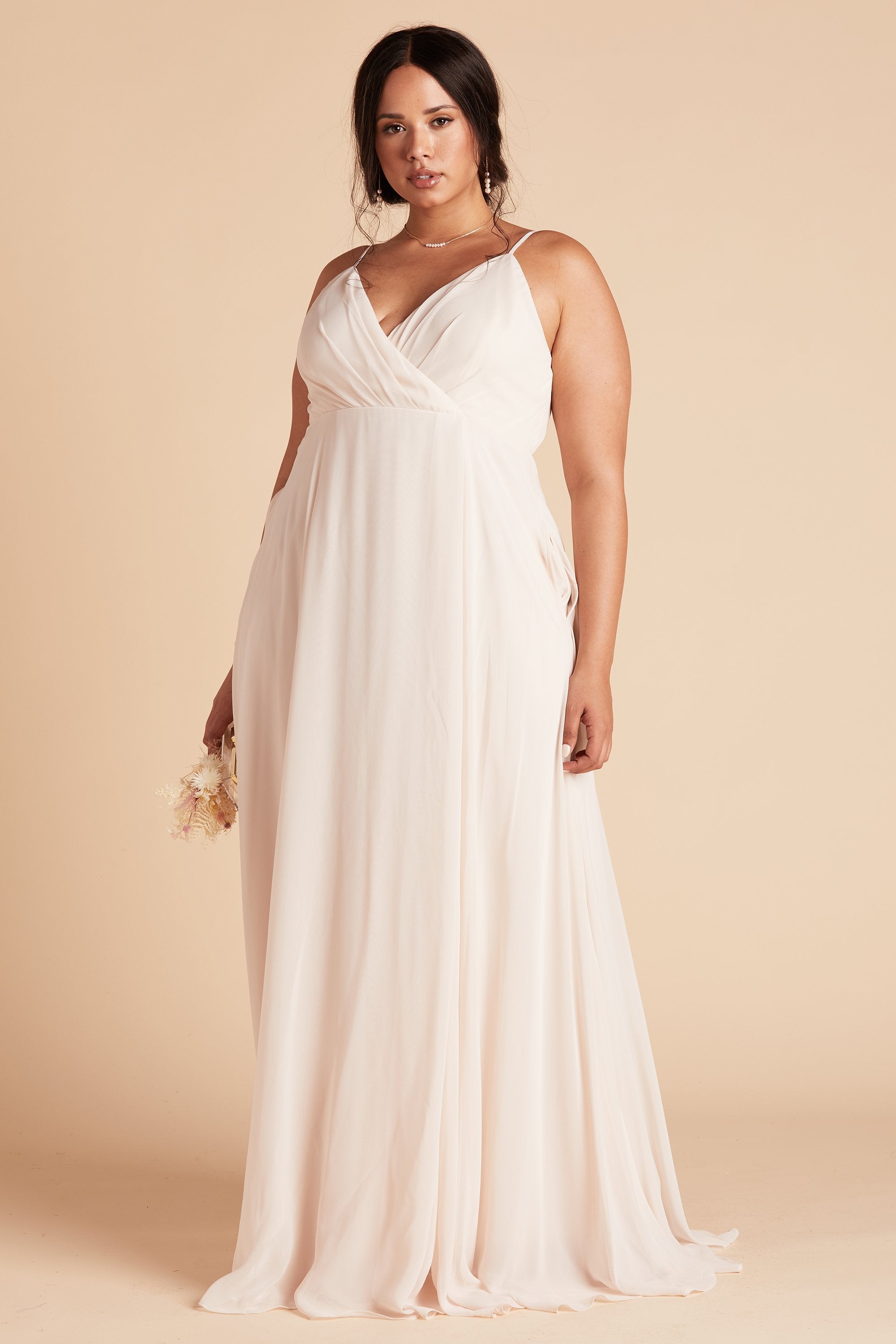 Kaia plus size bridesmaids dress in champagne chiffon by Birdy Grey, front view