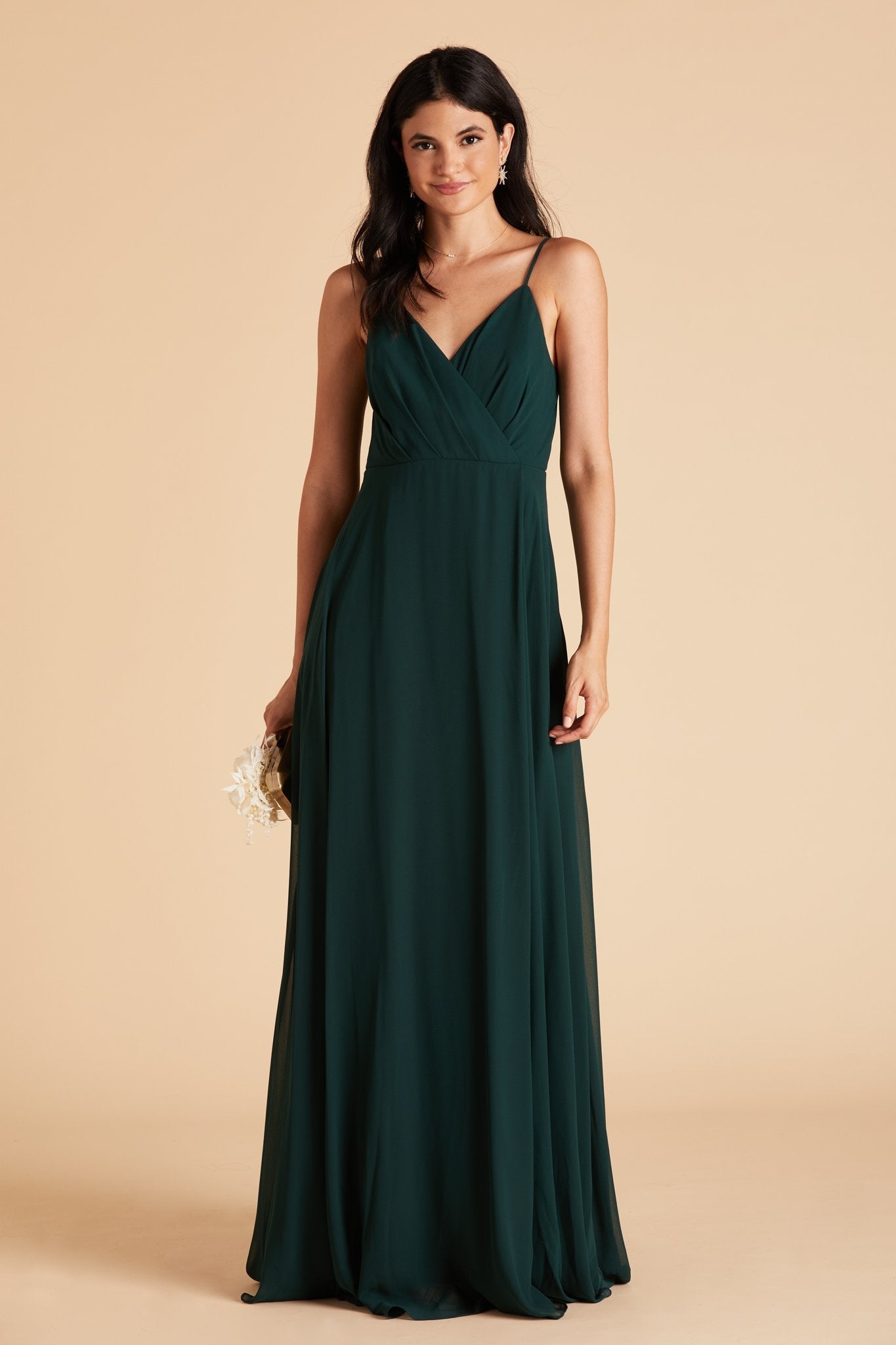 Kaia bridesmaids dress in emerald green chiffon by Birdy Grey, front view