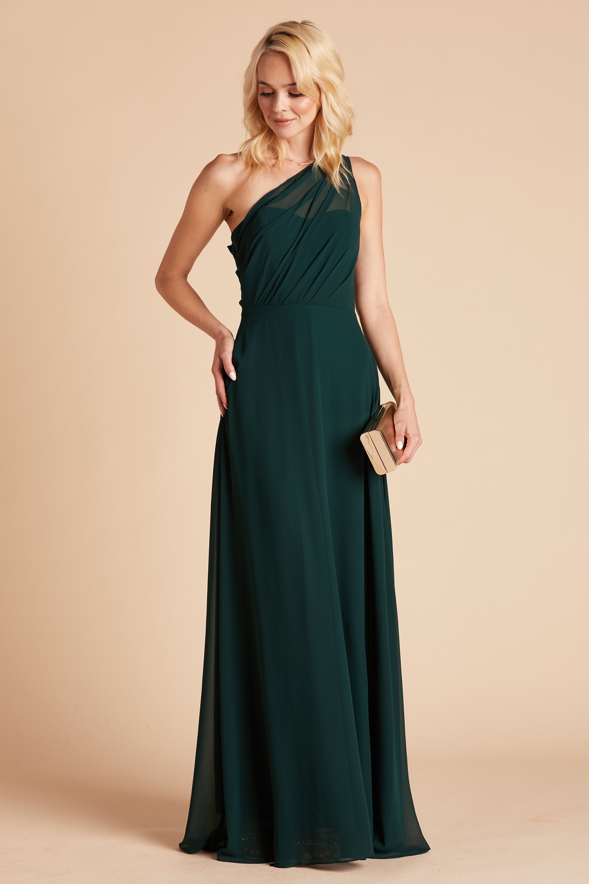 Kira bridesmaid dress in emerald chiffon by Birdy Grey, front view