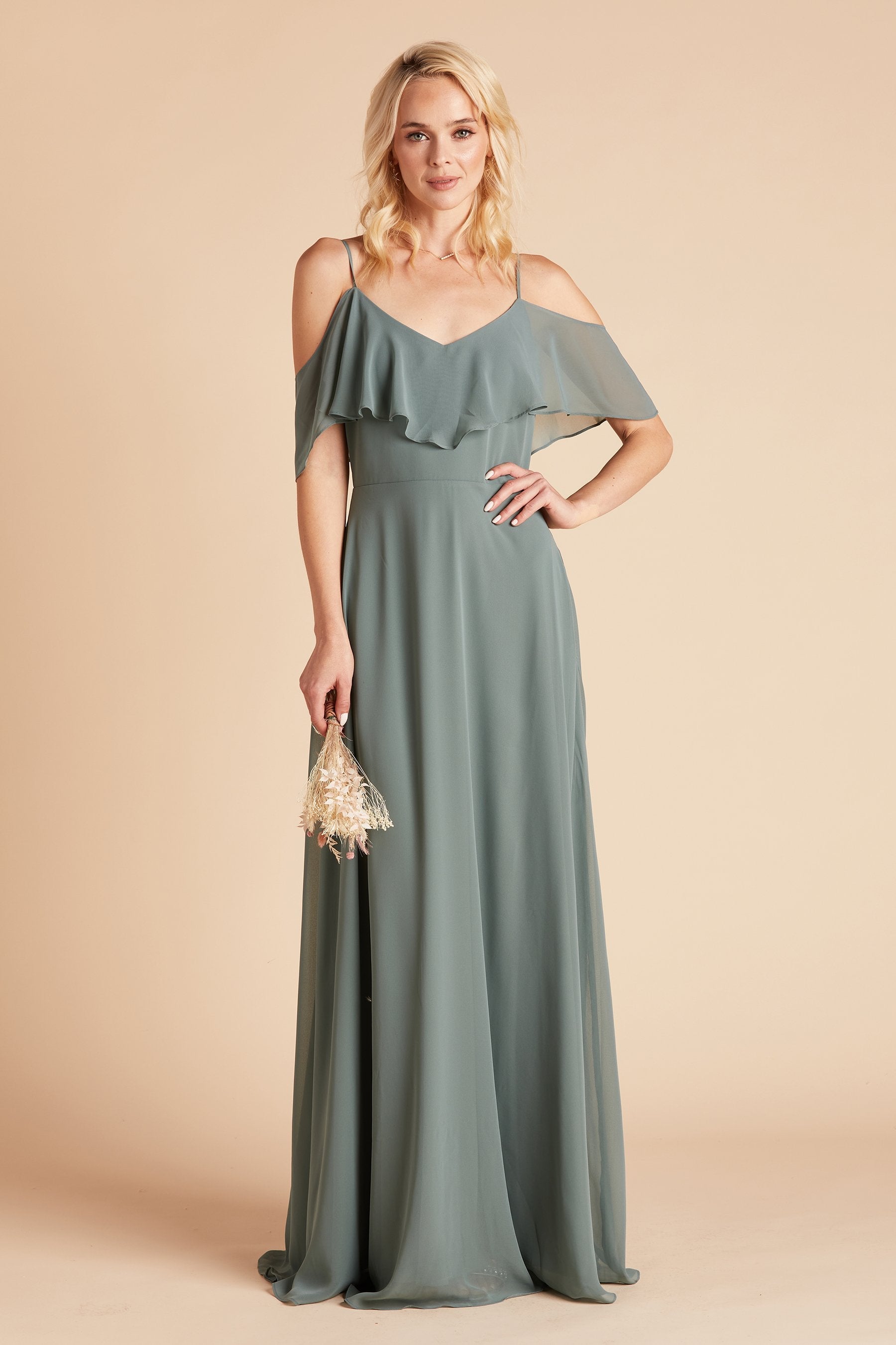 Jane convertible bridesmaid dress in sea glass green chiffon by Birdy Grey, front view