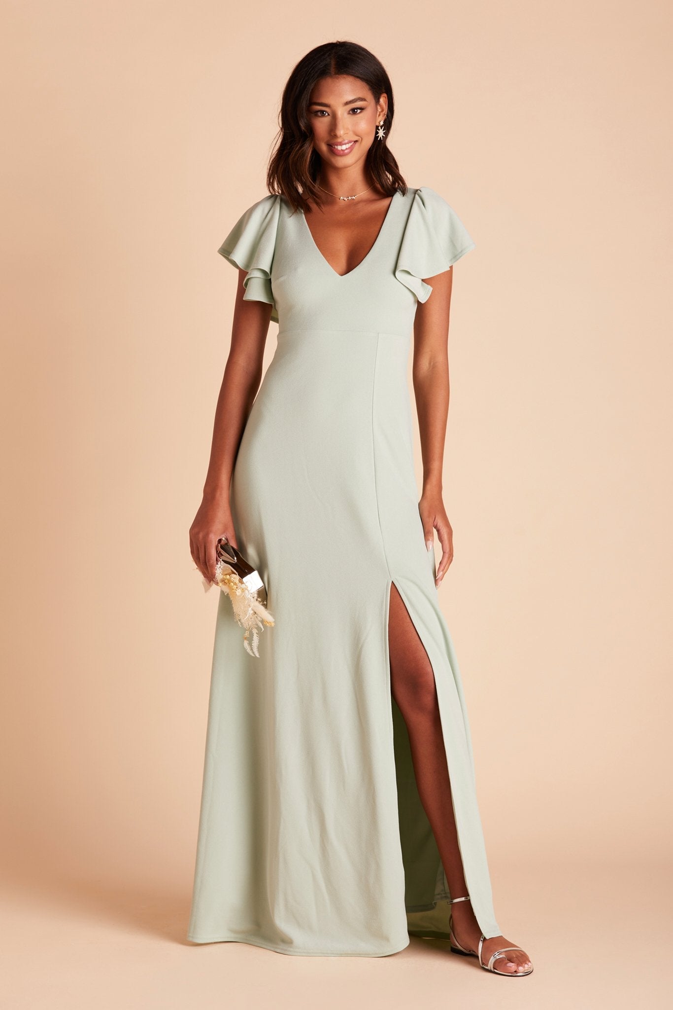 Hannah bridesmaid dress with slit in sage green crepe by Birdy Grey, front view