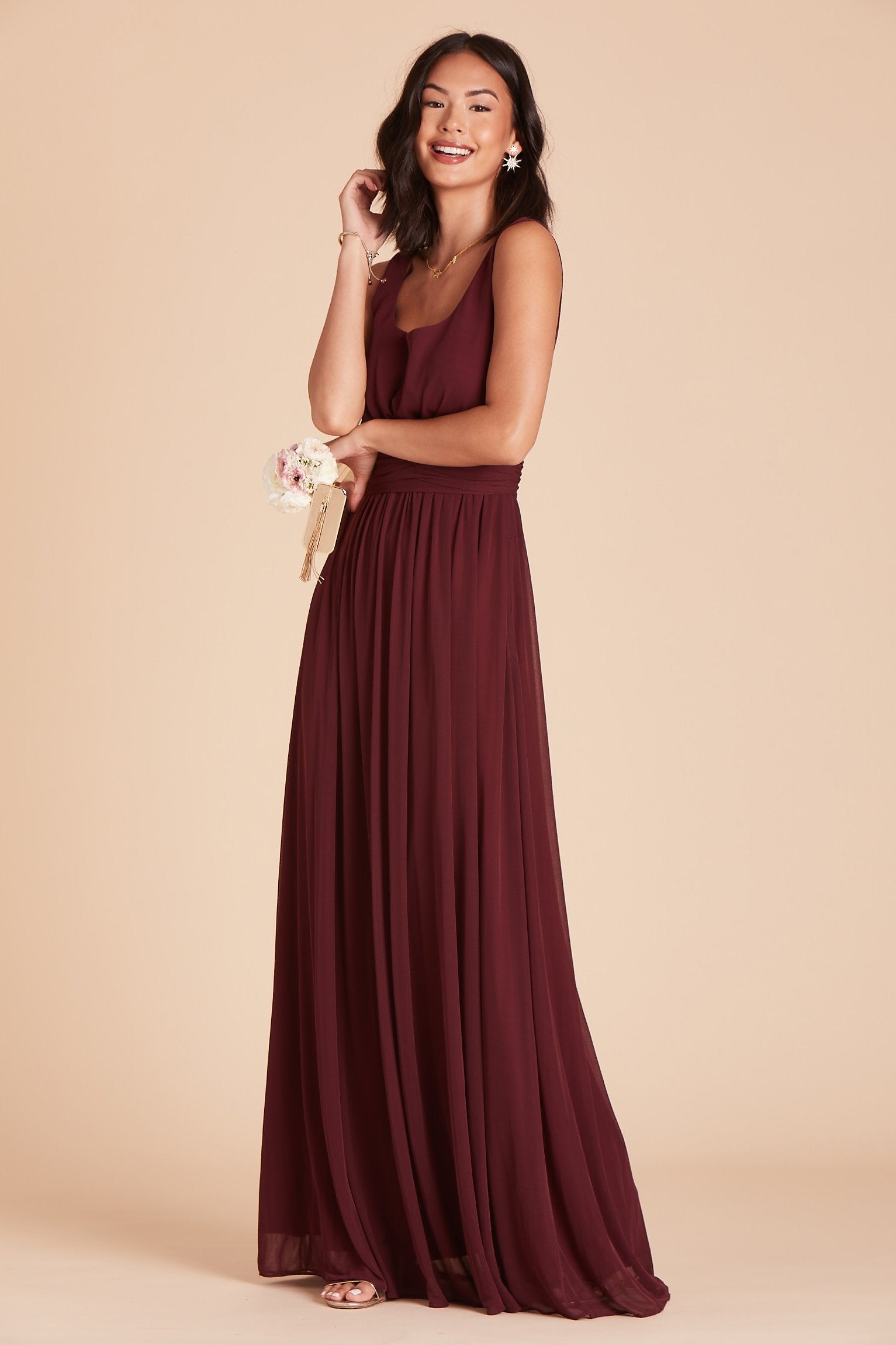 Jan bridesmaids dress in cabernet burgundy chiffon by Birdy Grey, front view