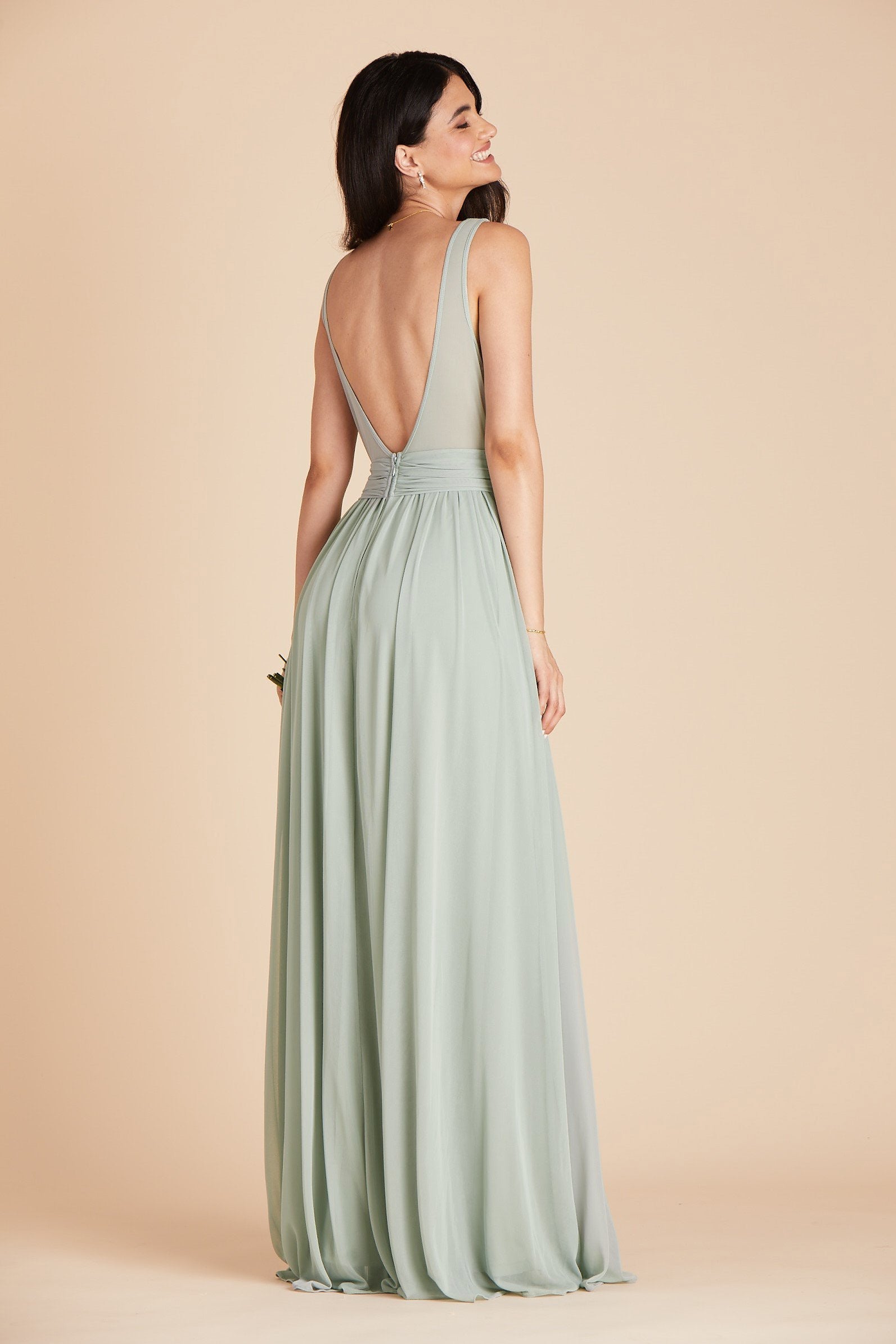 Jan bridesmaid dress in sage green mesh by Birdy Grey, back view