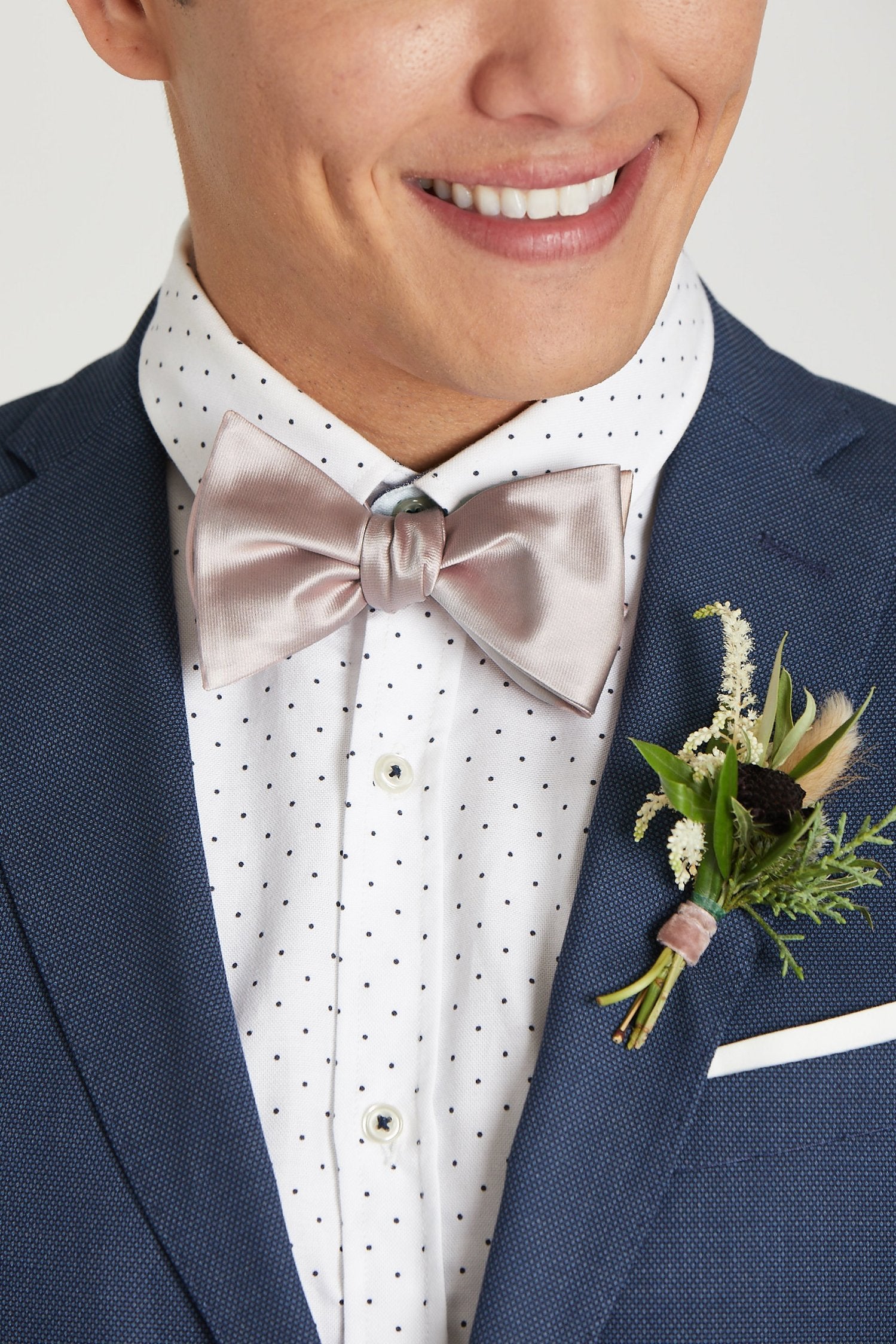 Daniel Bow Tie in mauve sateen by Birdy Grey, front view