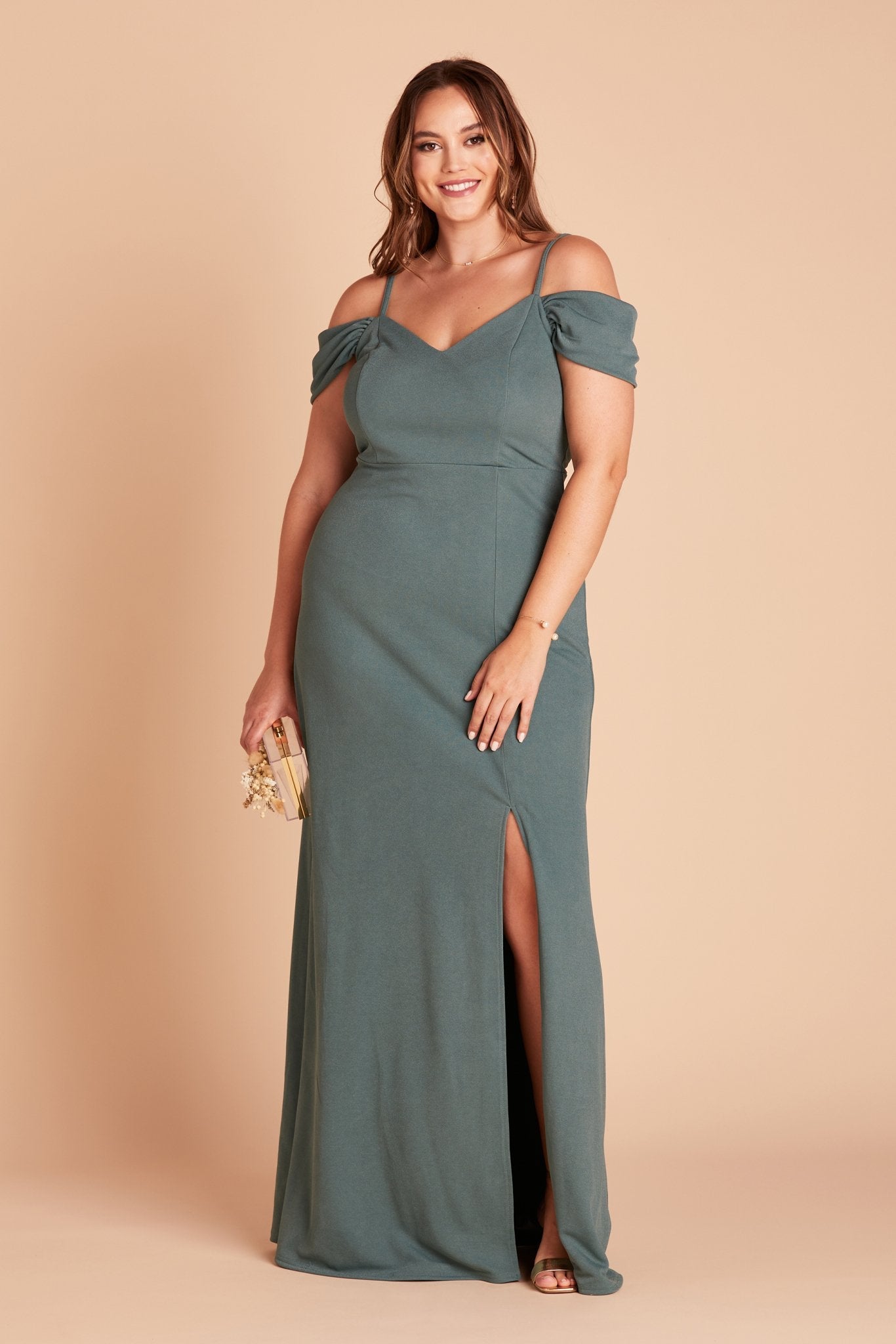 Dev plus size bridesmaid dress with slit in sea glass green crepe by Birdy Grey, front view