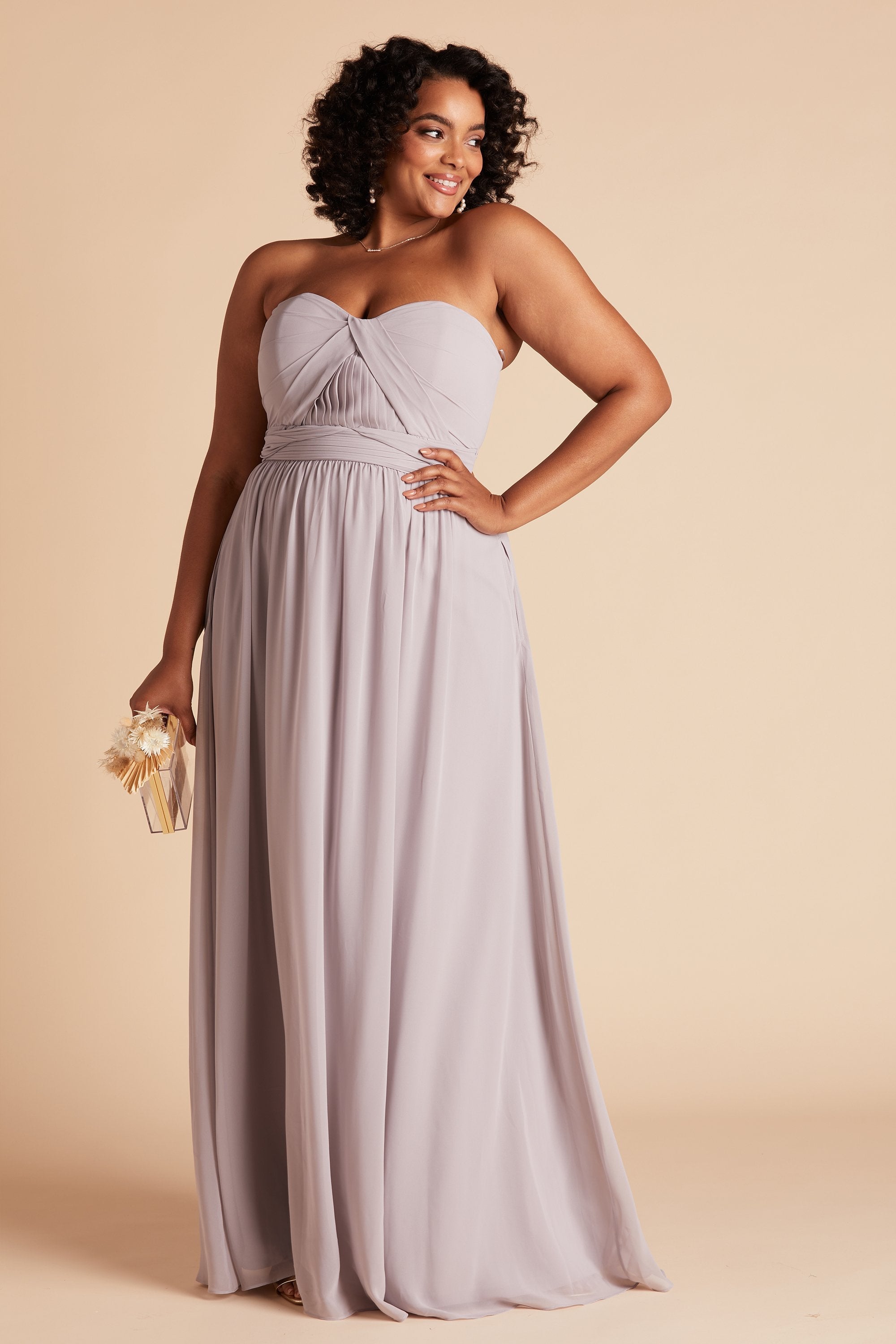 Grace convertible plus size bridesmaid dress in lilac purple chiffon by Birdy Grey, front view