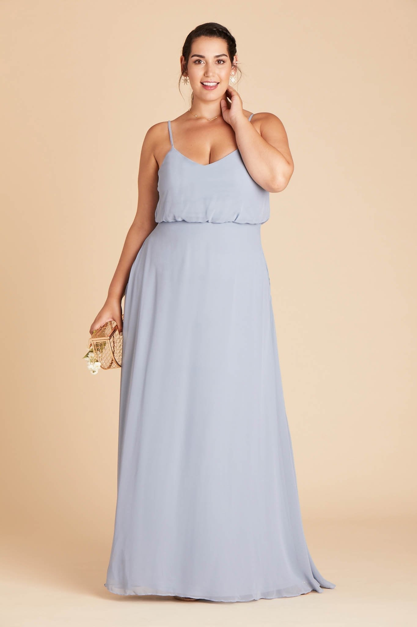 Gwennie plus size bridesmaid dress in dusty blue chiffon by Birdy Grey, front view