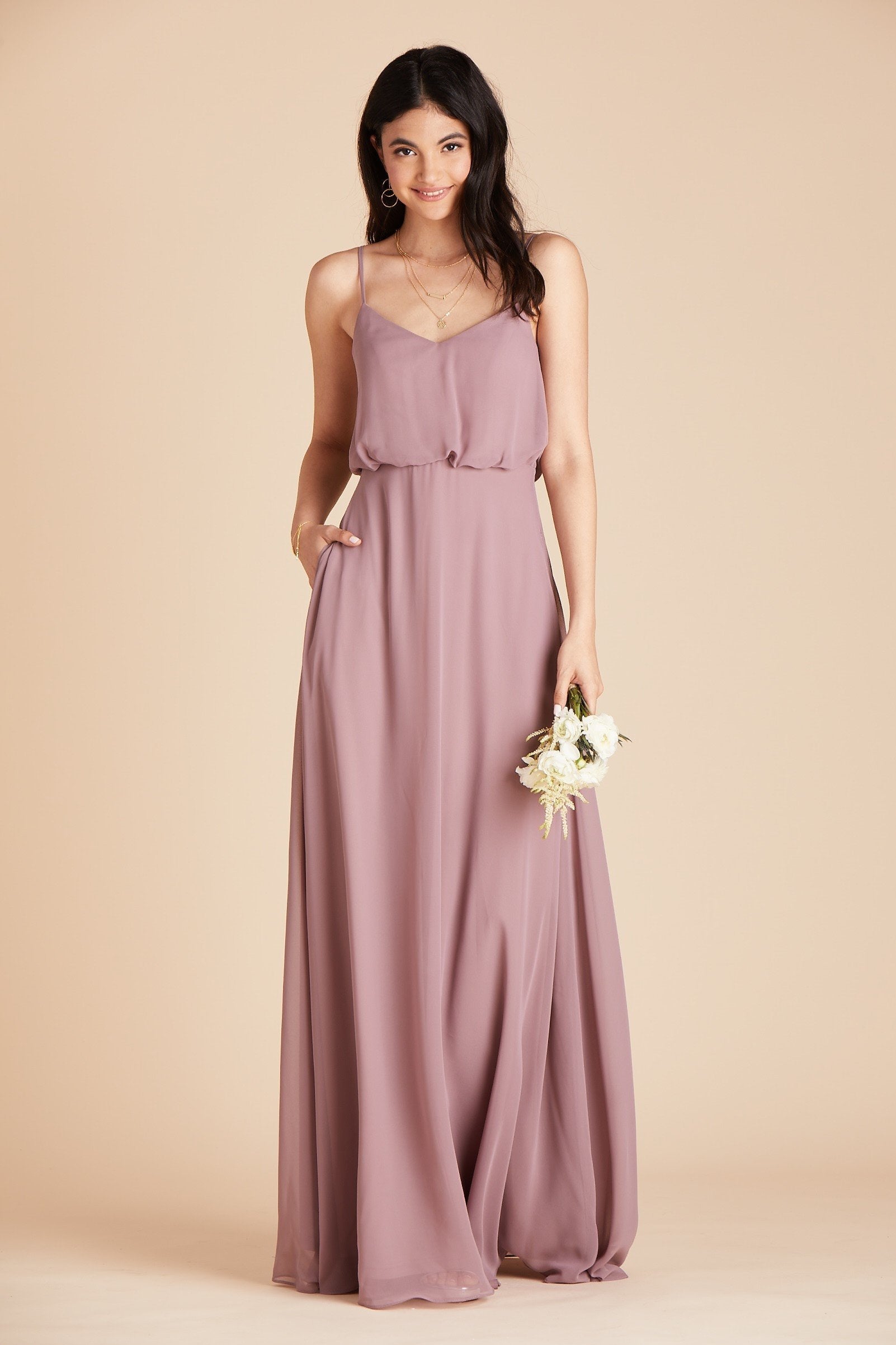 Gwennie bridesmaid dress with slit in dark mauve chiffon by Birdy Grey, front view with hand in pocket