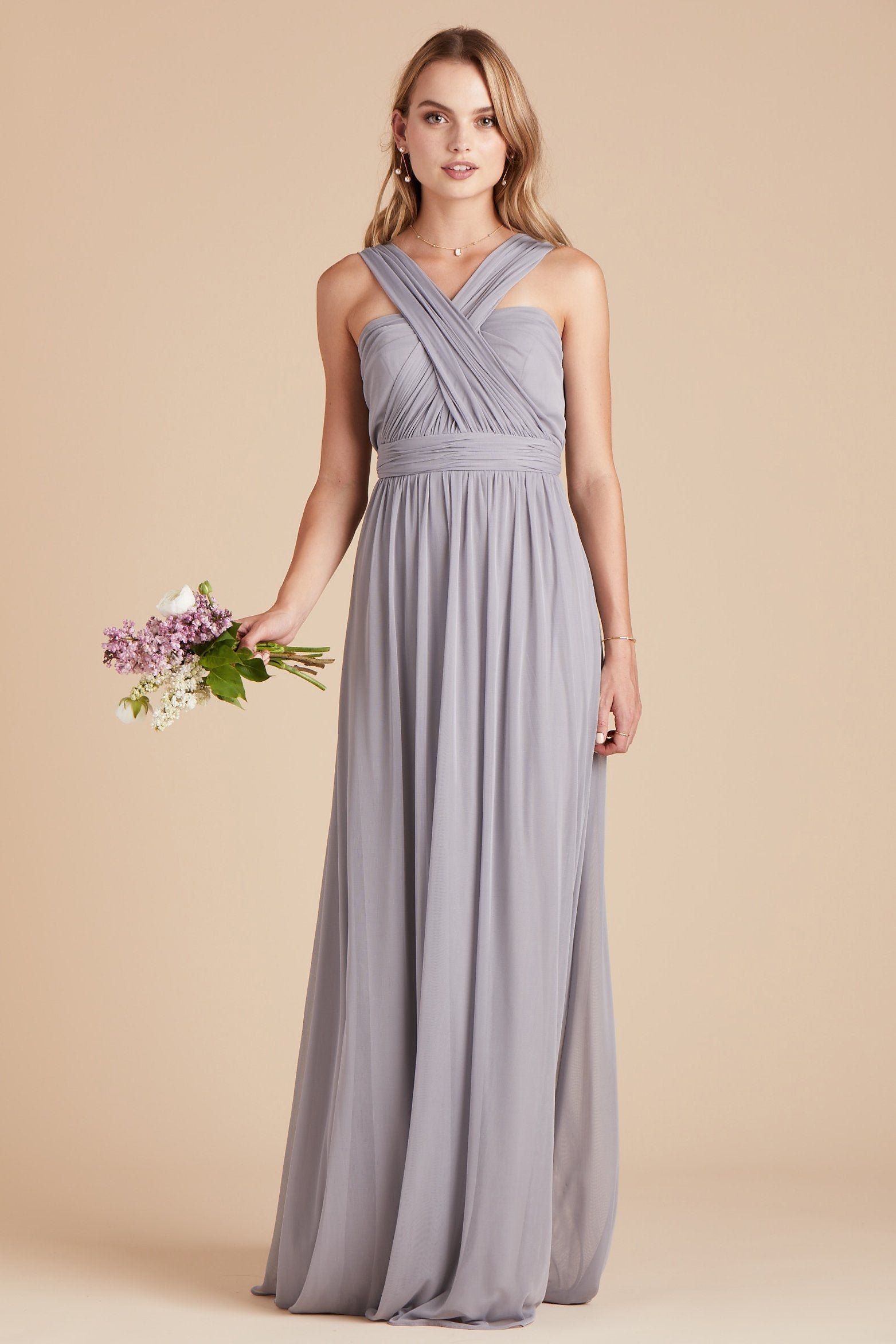 Chicky convertible bridesmaid dress in silver mesh by Birdy Grey, front view