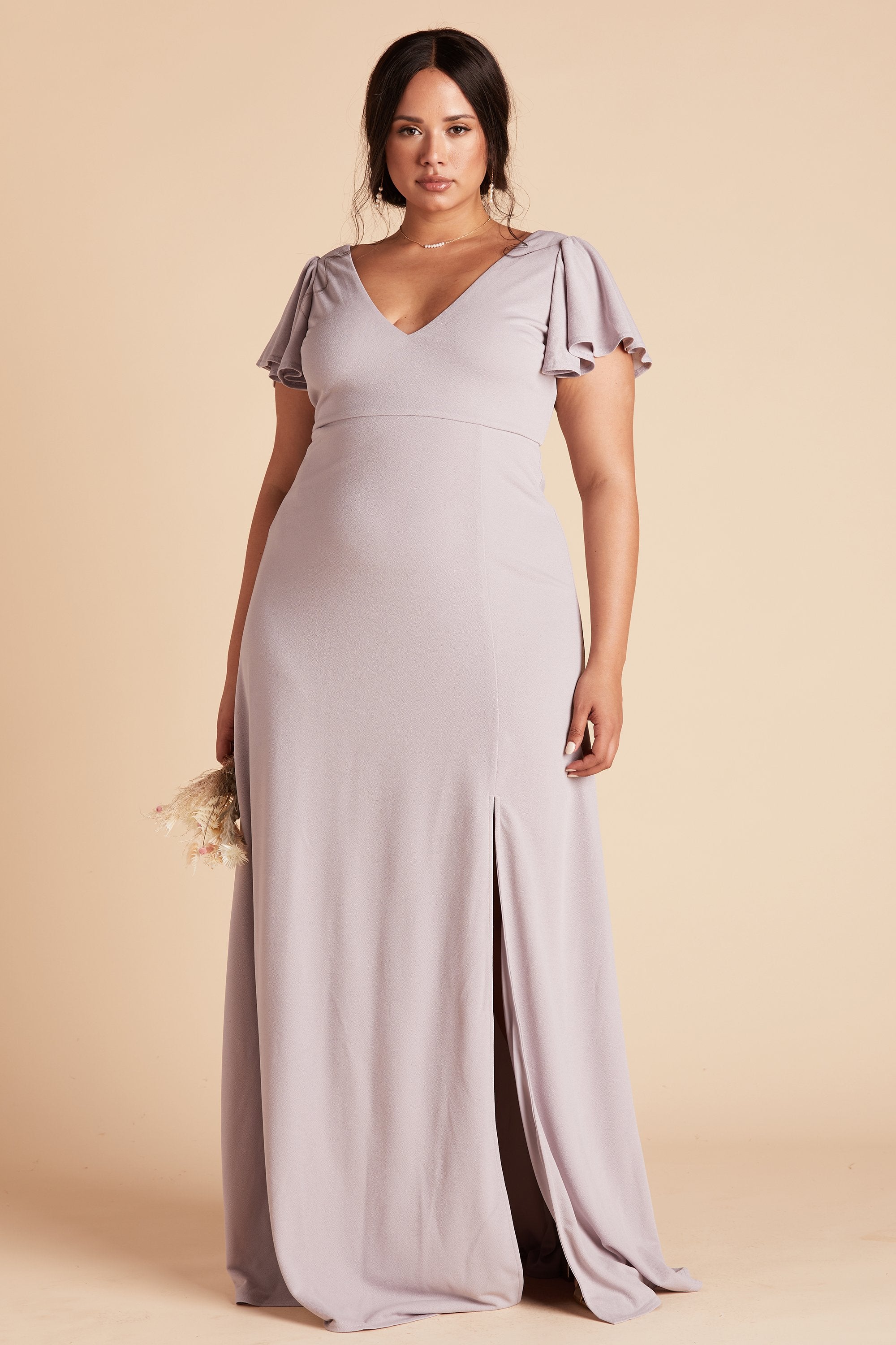 Hannah plus size bridesmaid dress with slit in lilac purple crepe by Birdy Grey, front view