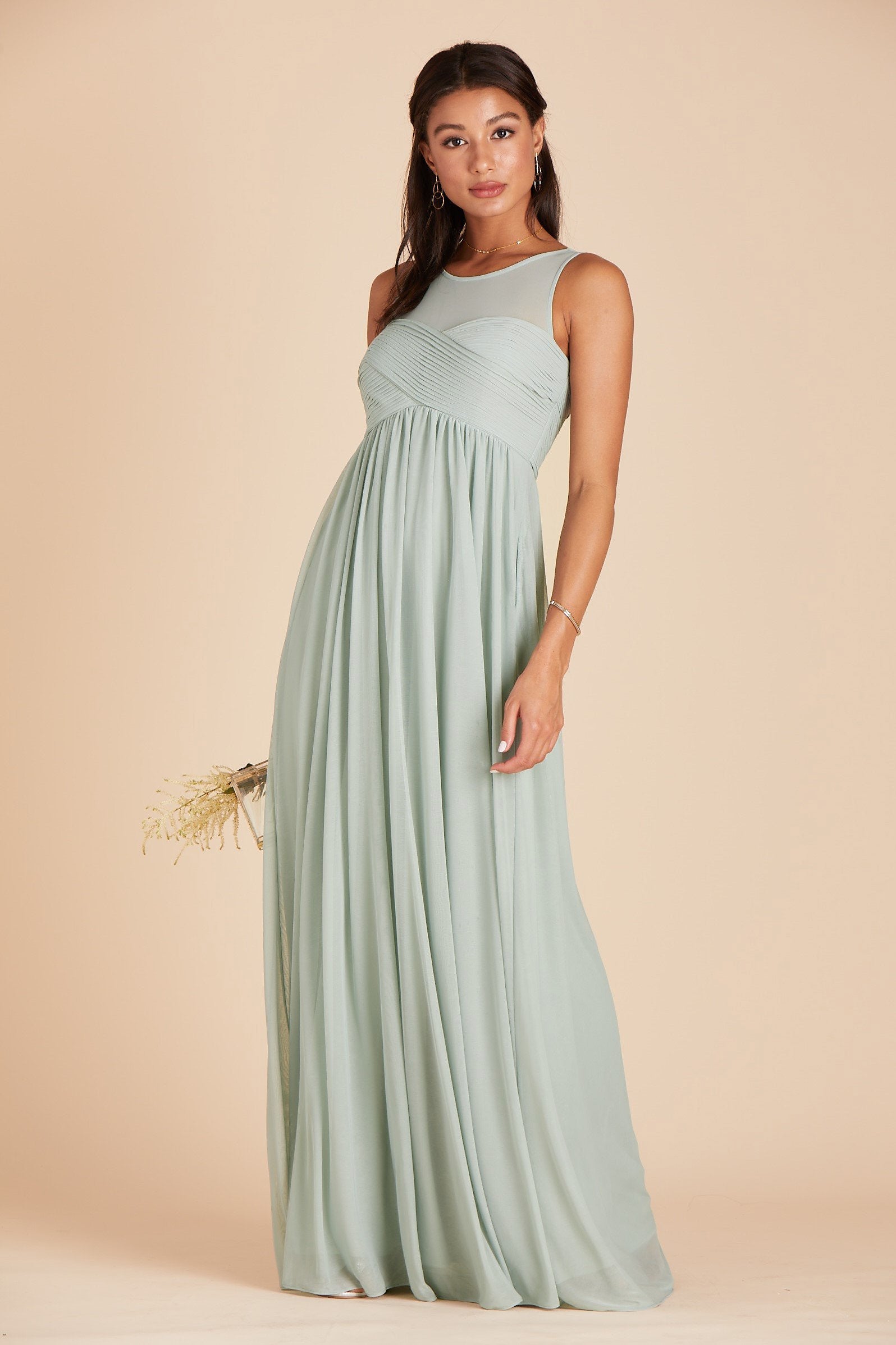 Ryan bridesmaid dress in sage green chiffon by Birdy Grey, front view