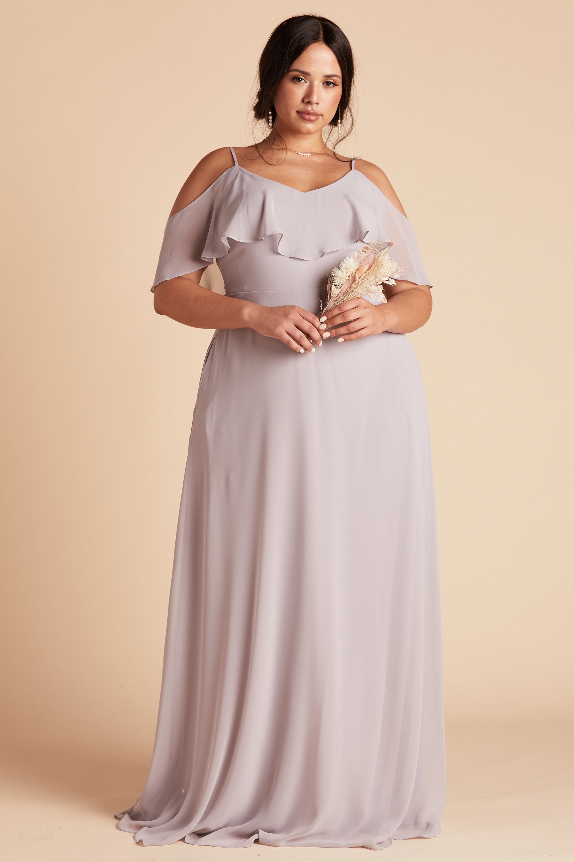 Jane convertible plus size bridesmaid dress in lilac purple chiffon by Birdy Grey, front view