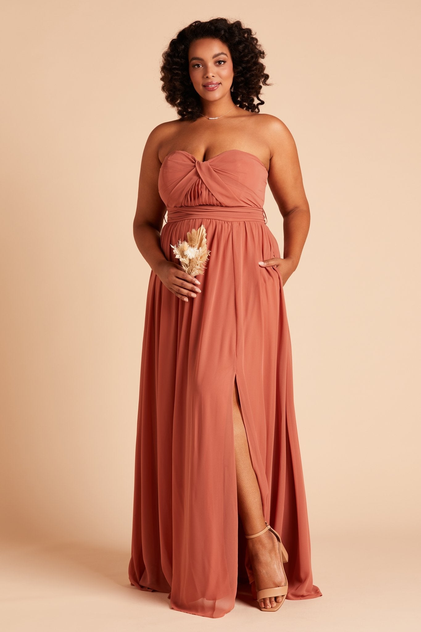 Grace convertible plus size bridesmaid dress with slit in terracotta orange chiffon by Birdy Grey, front view