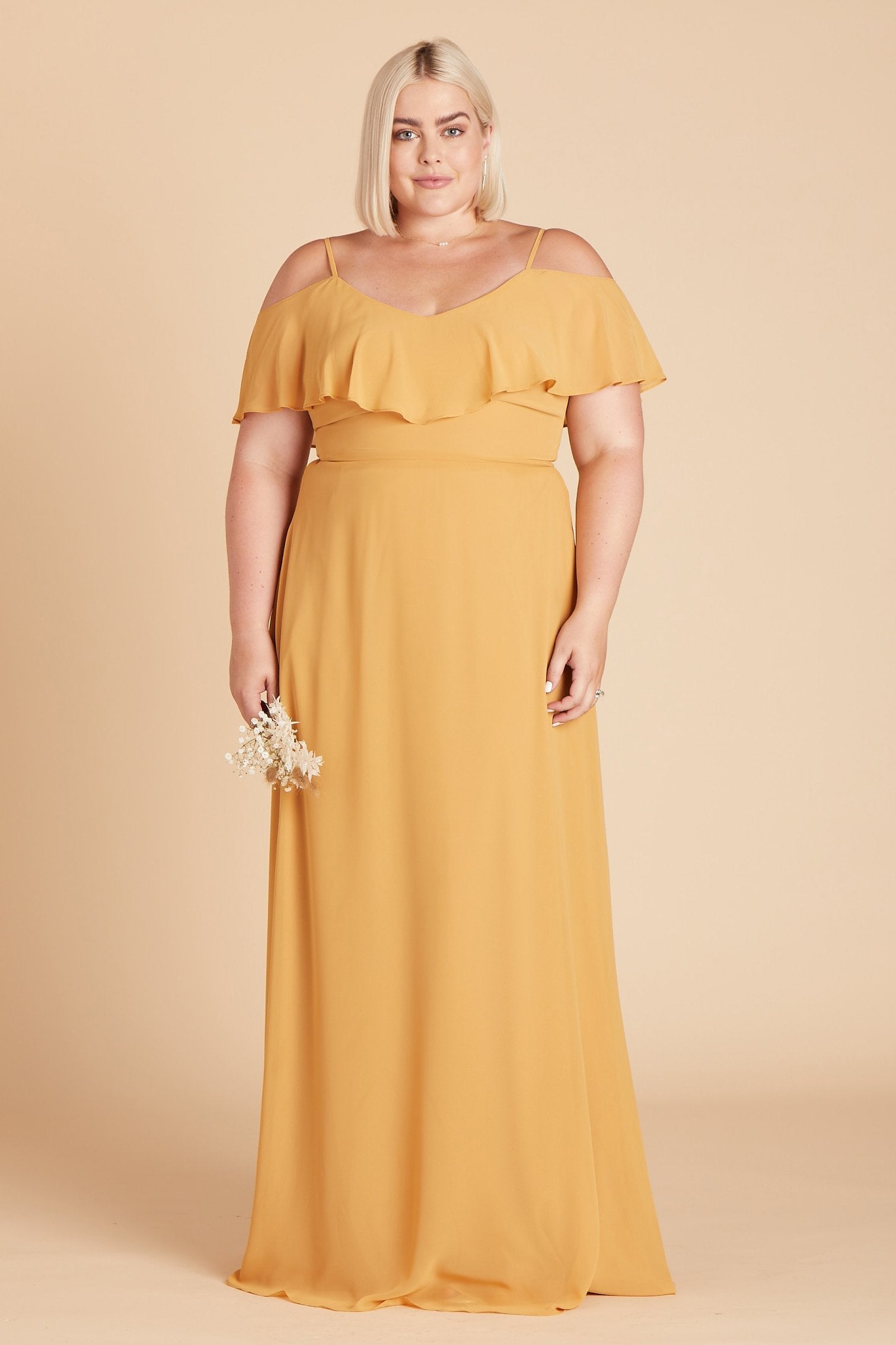 Jane convertible plus size bridesmaid dress in marigold chiffon by Birdy Grey, front view