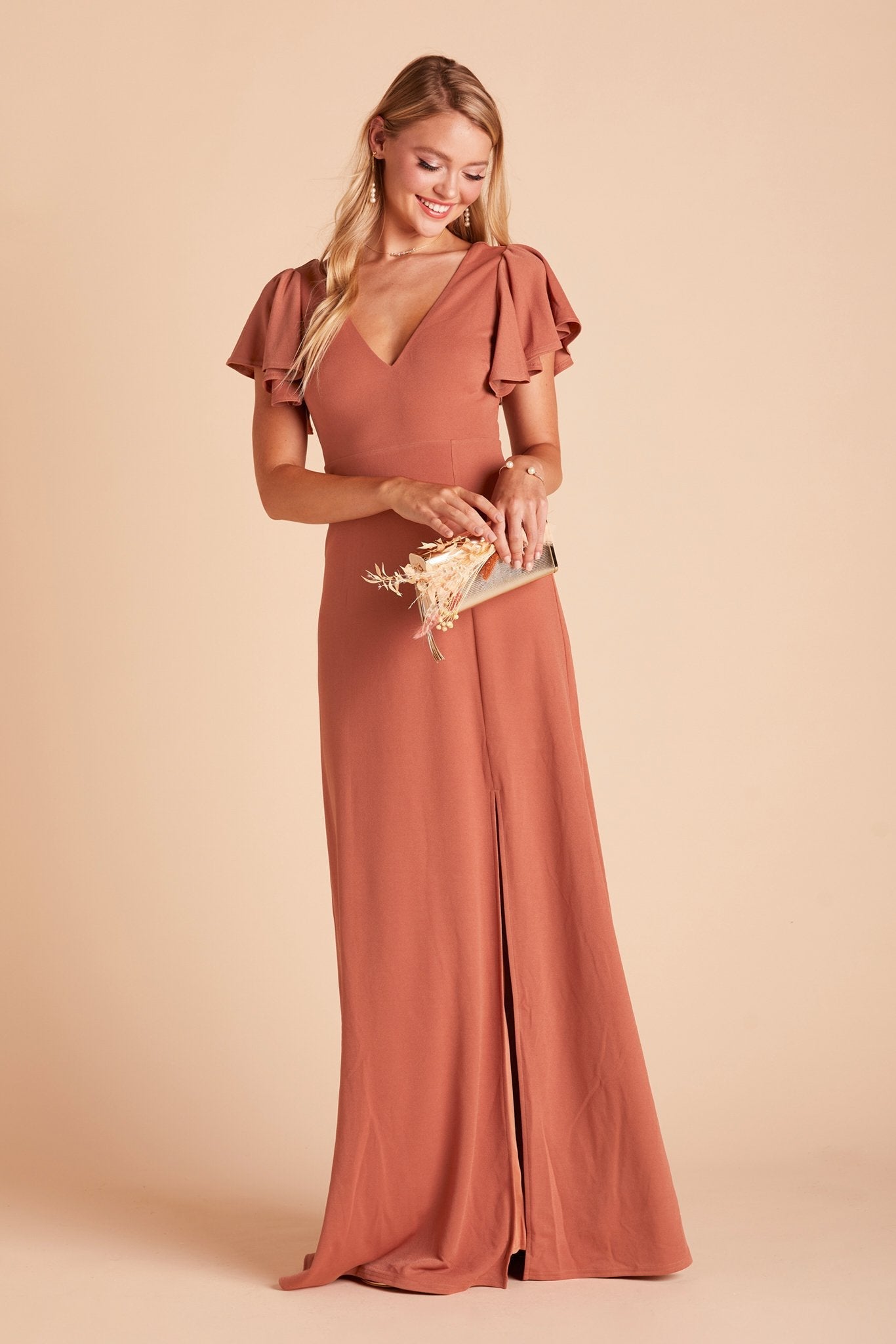 Hannah bridesmaid dress with slit in terracotta crepe by Birdy Grey, front view